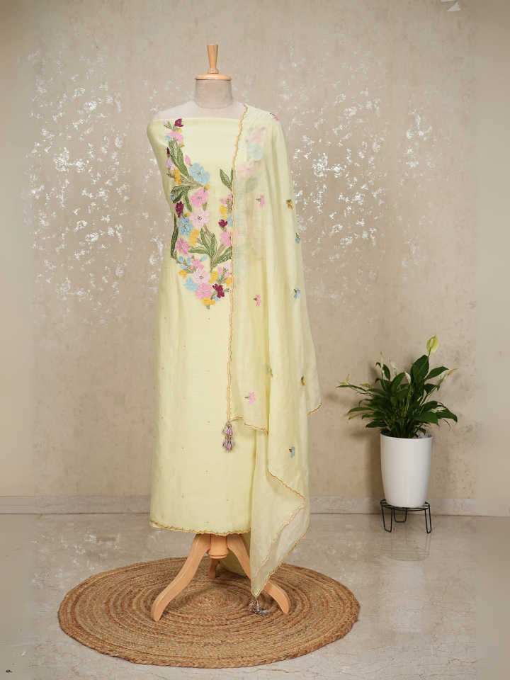 Heavy Neck Embroidered Pure Mul Chanderi Suit Set with Beads & Tassel Dupatta – 3 Pc