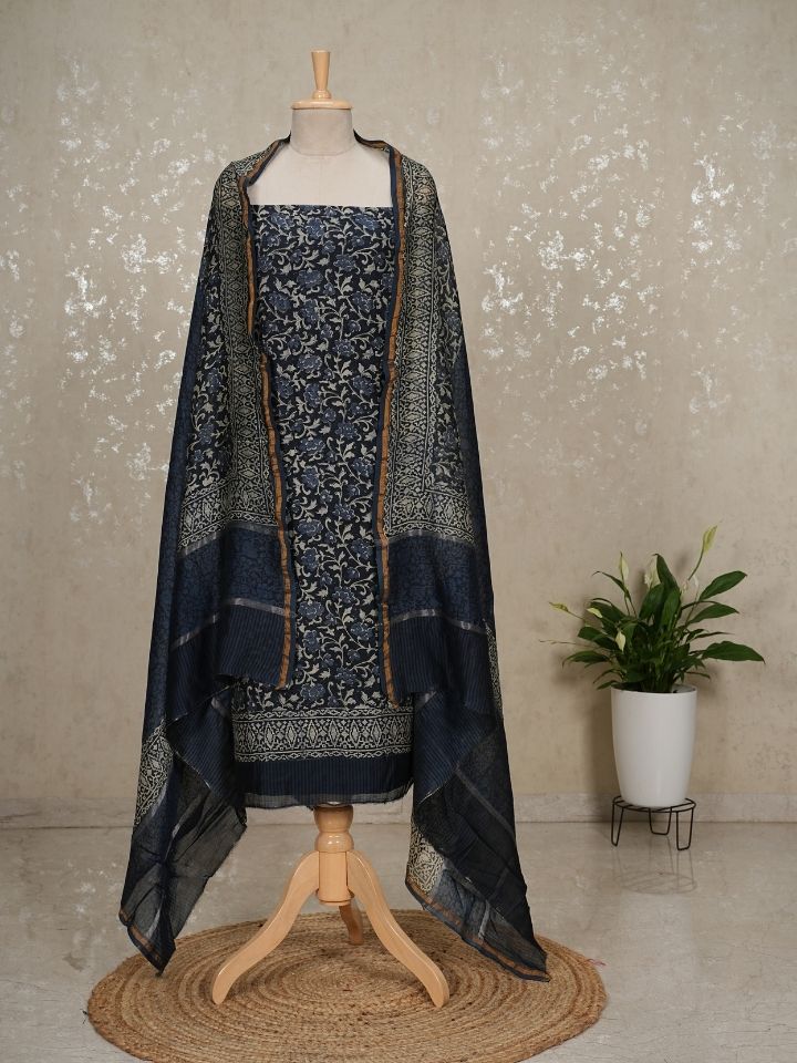 Pure Silk Maheshwari 3-Piece Suit with indigo Printed Top & Imported Bottom
