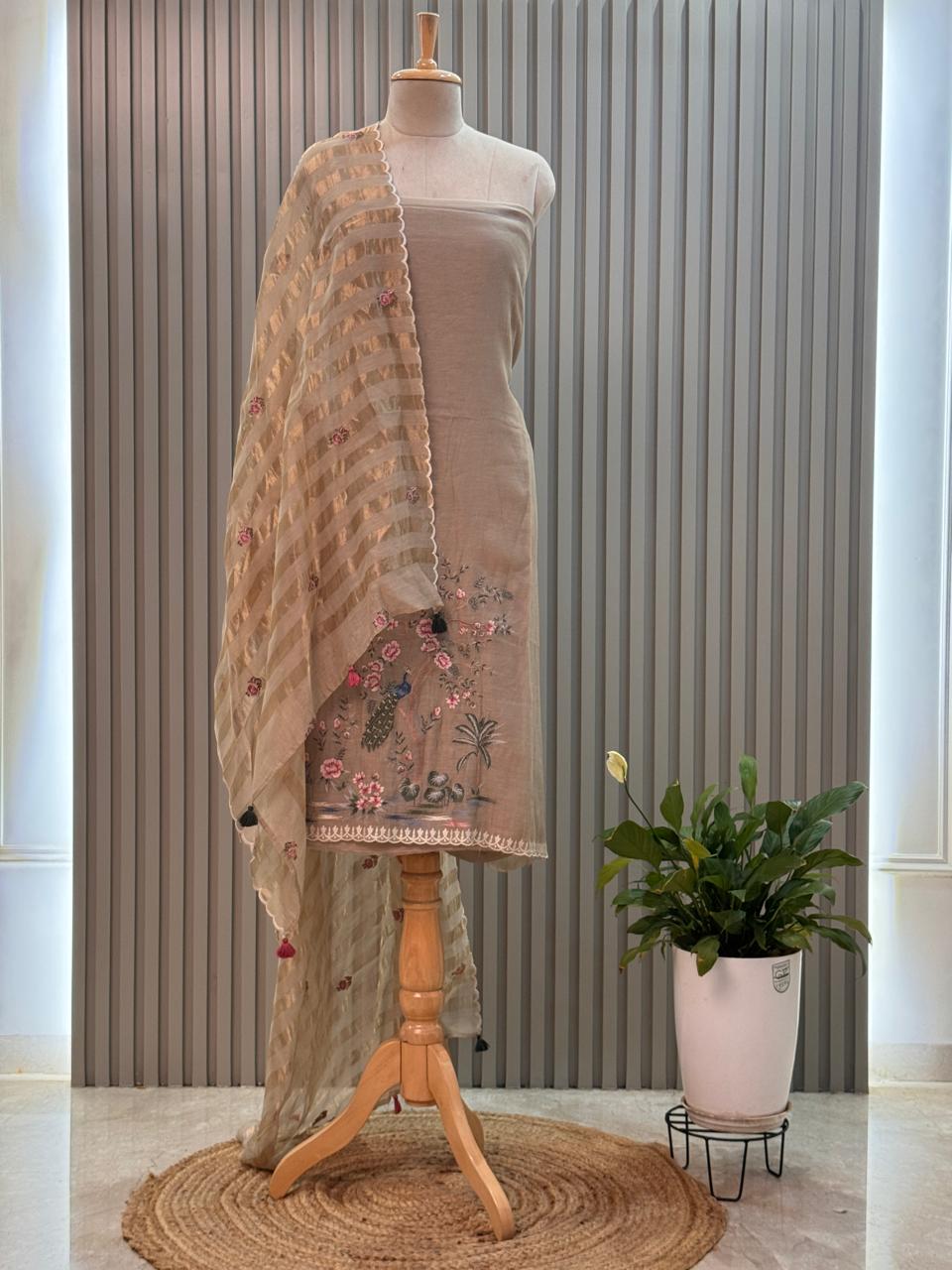 Peacock Motif Mul Chanderi Suit with Tissue Strip Dupatta