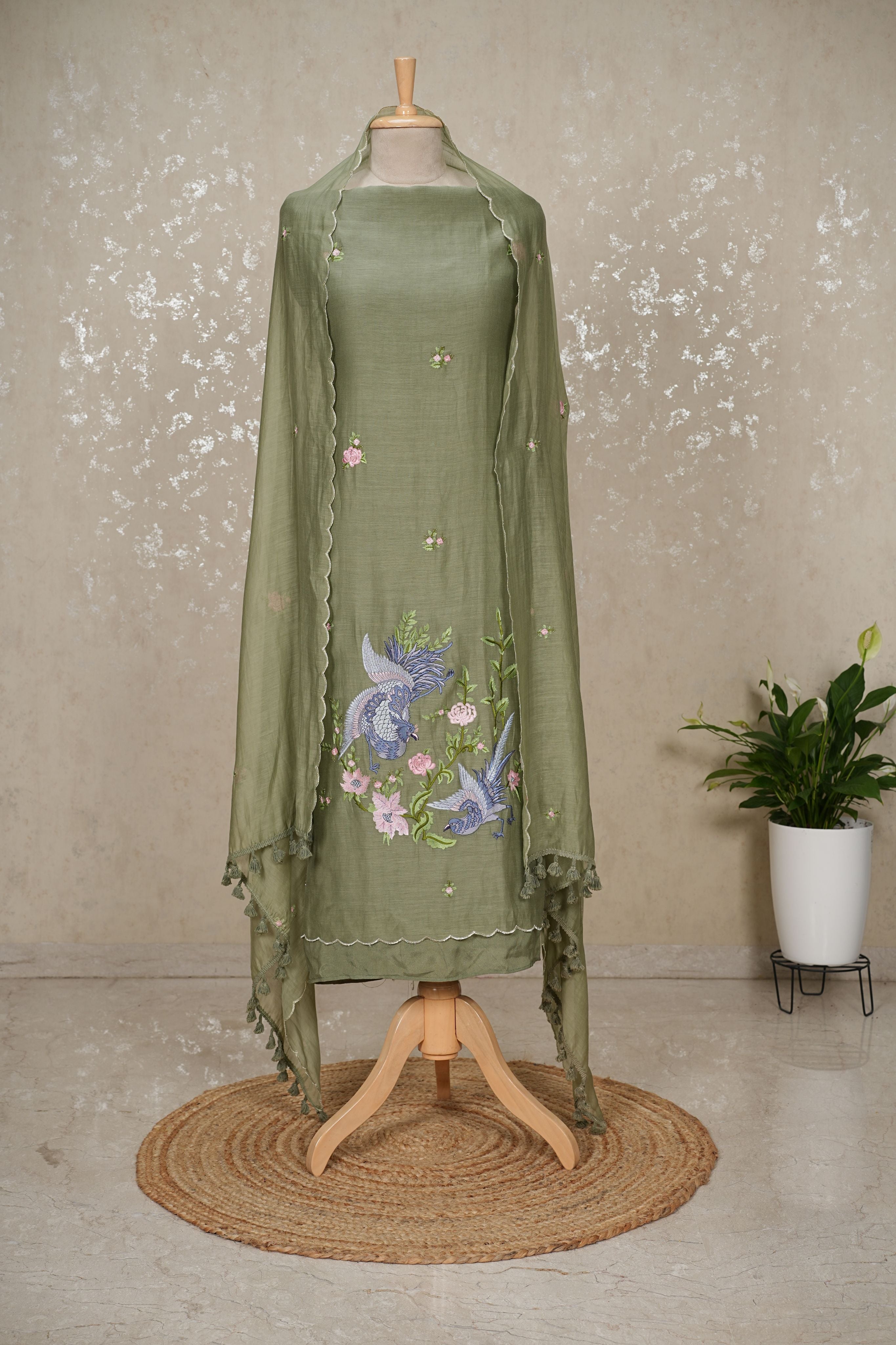 Bird Embroidery Pure Mul Chanderi Suit with Tassel Dupatta – 3 Pc Set
