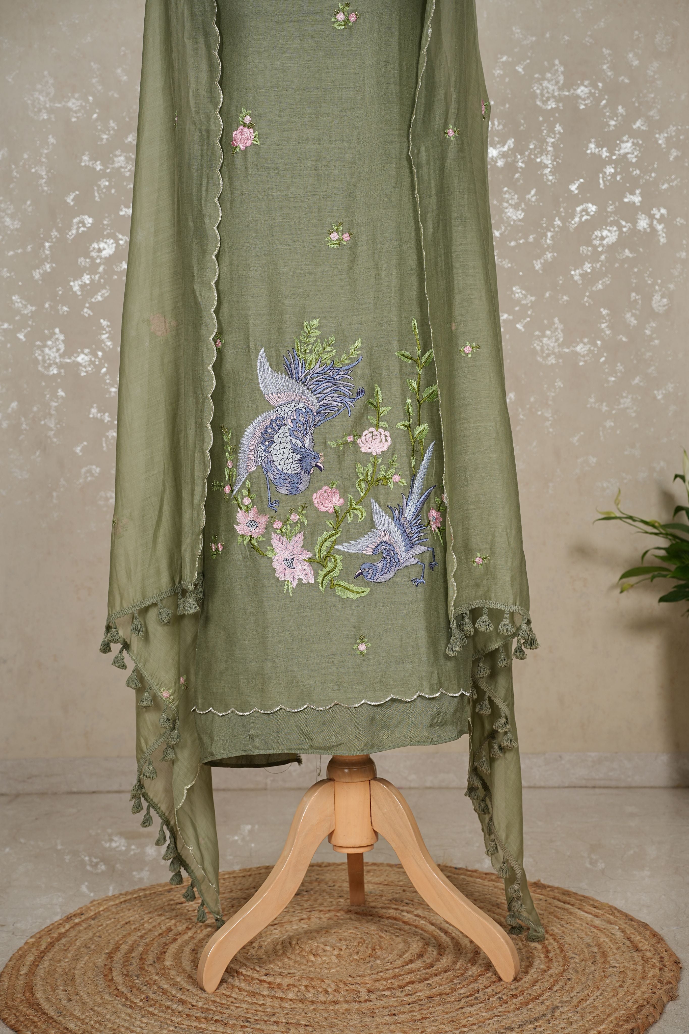 Bird Embroidery Pure Mul Chanderi Suit with Tassel Dupatta – 3 Pc Set