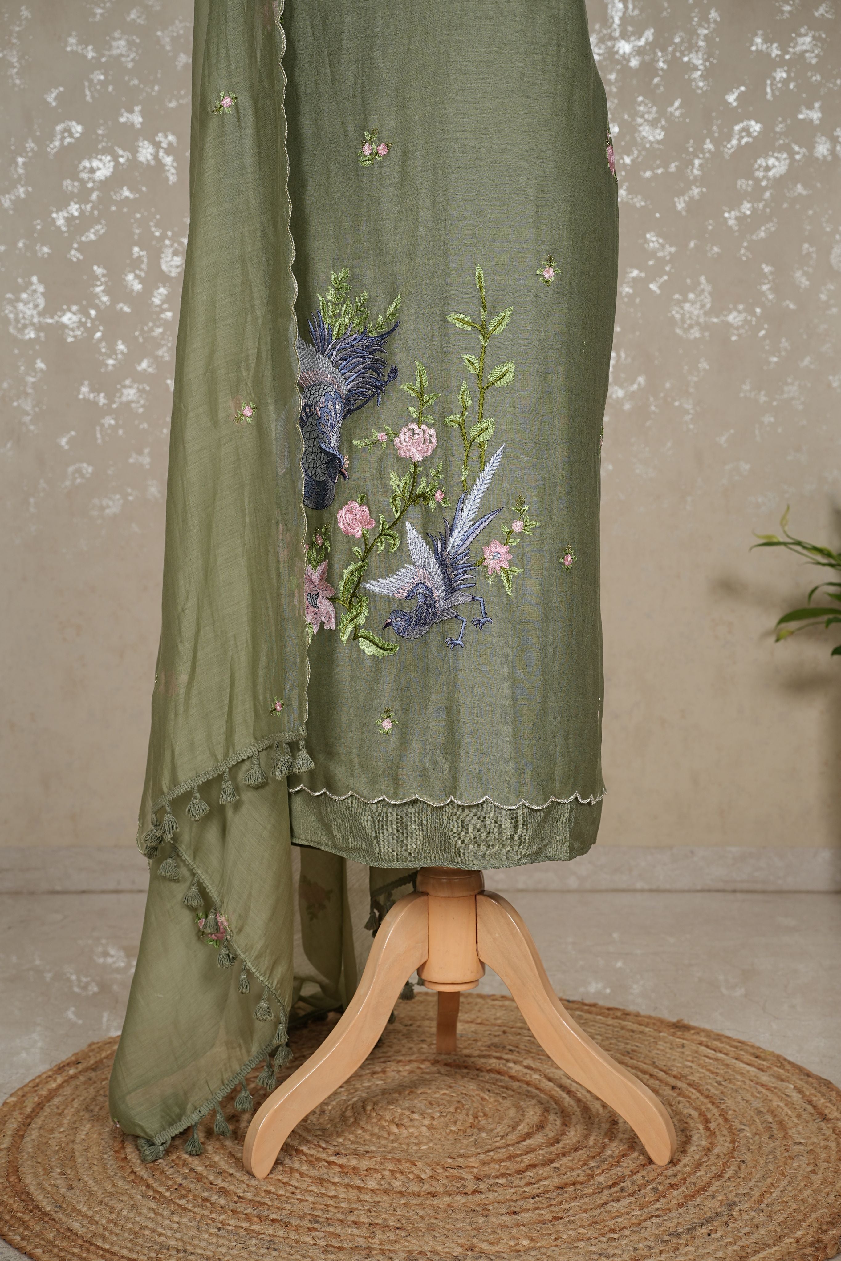 Bird Embroidery Pure Mul Chanderi Suit with Tassel Dupatta – 3 Pc Set