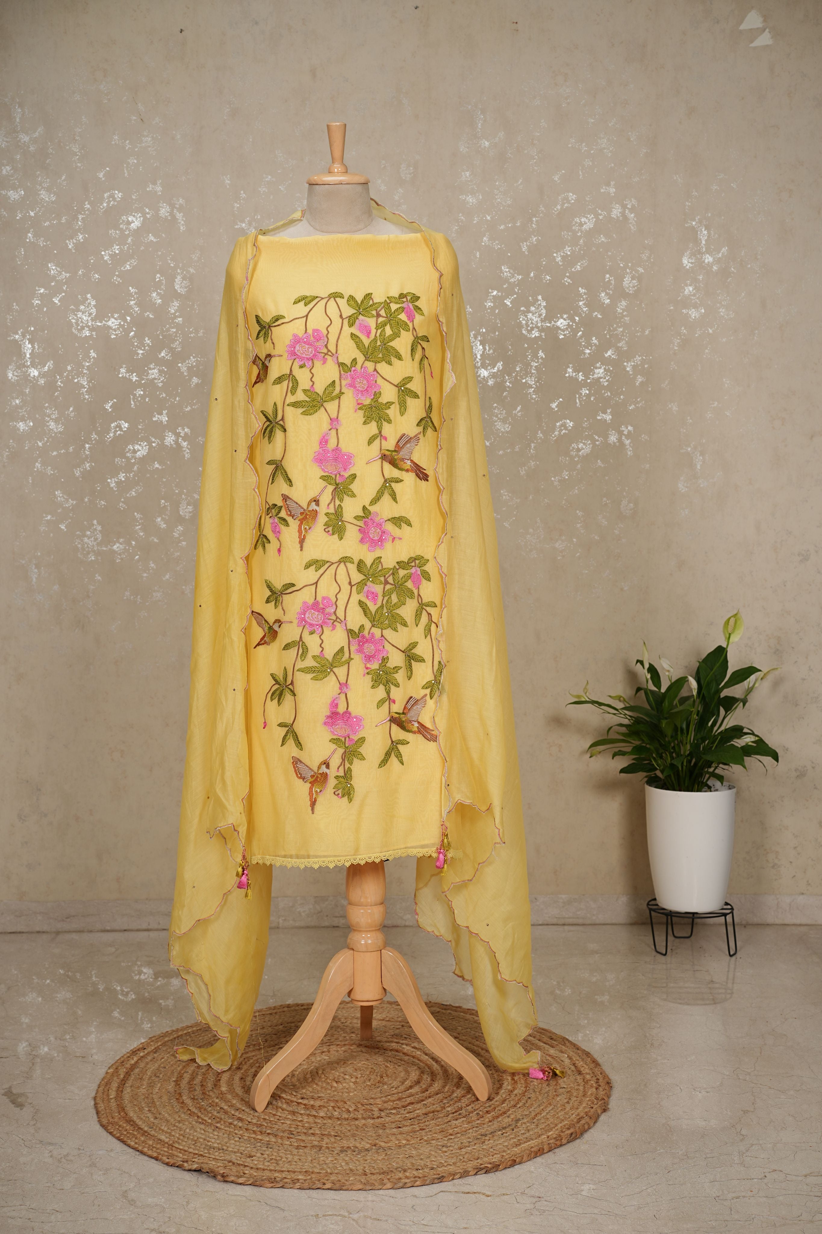 Hummingbird Embroidered Mul Chanderi Suit with Sequin Dupatta – 3 Pc Set