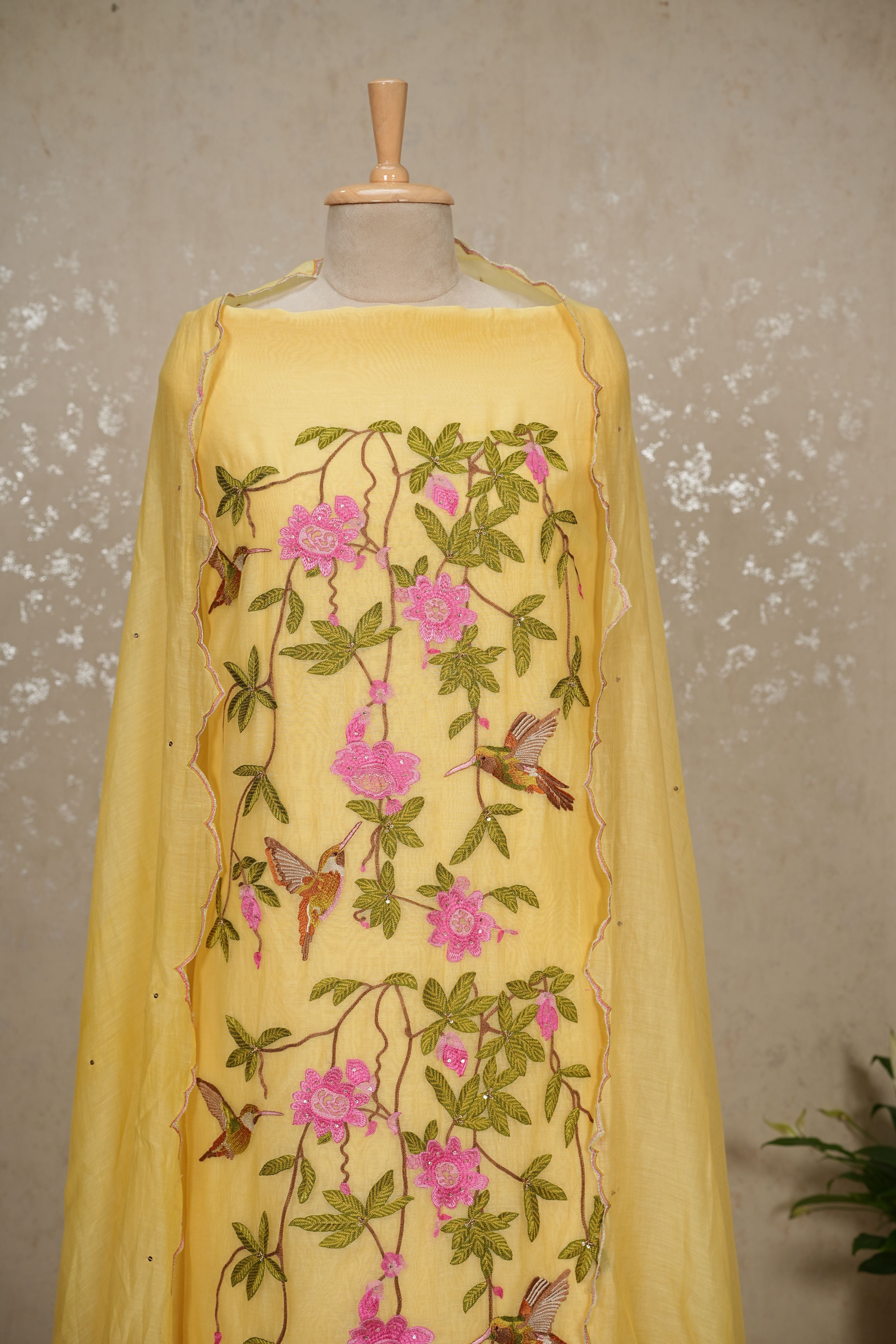 Hummingbird Embroidered Mul Chanderi Suit with Sequin Dupatta – 3 Pc Set