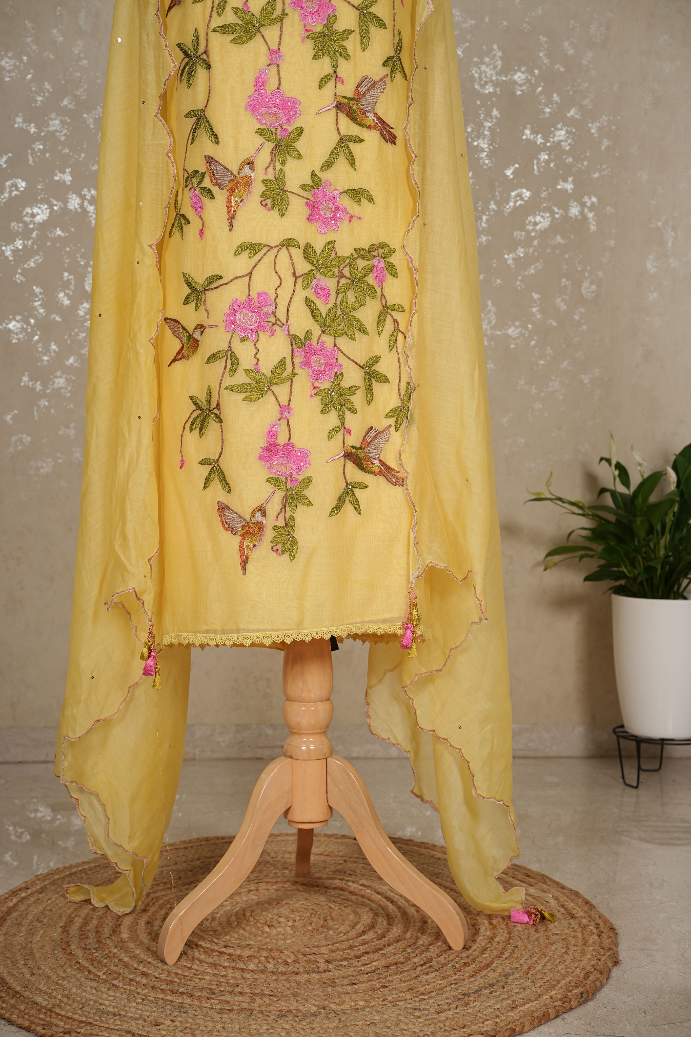 Hummingbird Embroidered Mul Chanderi Suit with Sequin Dupatta – 3 Pc Set
