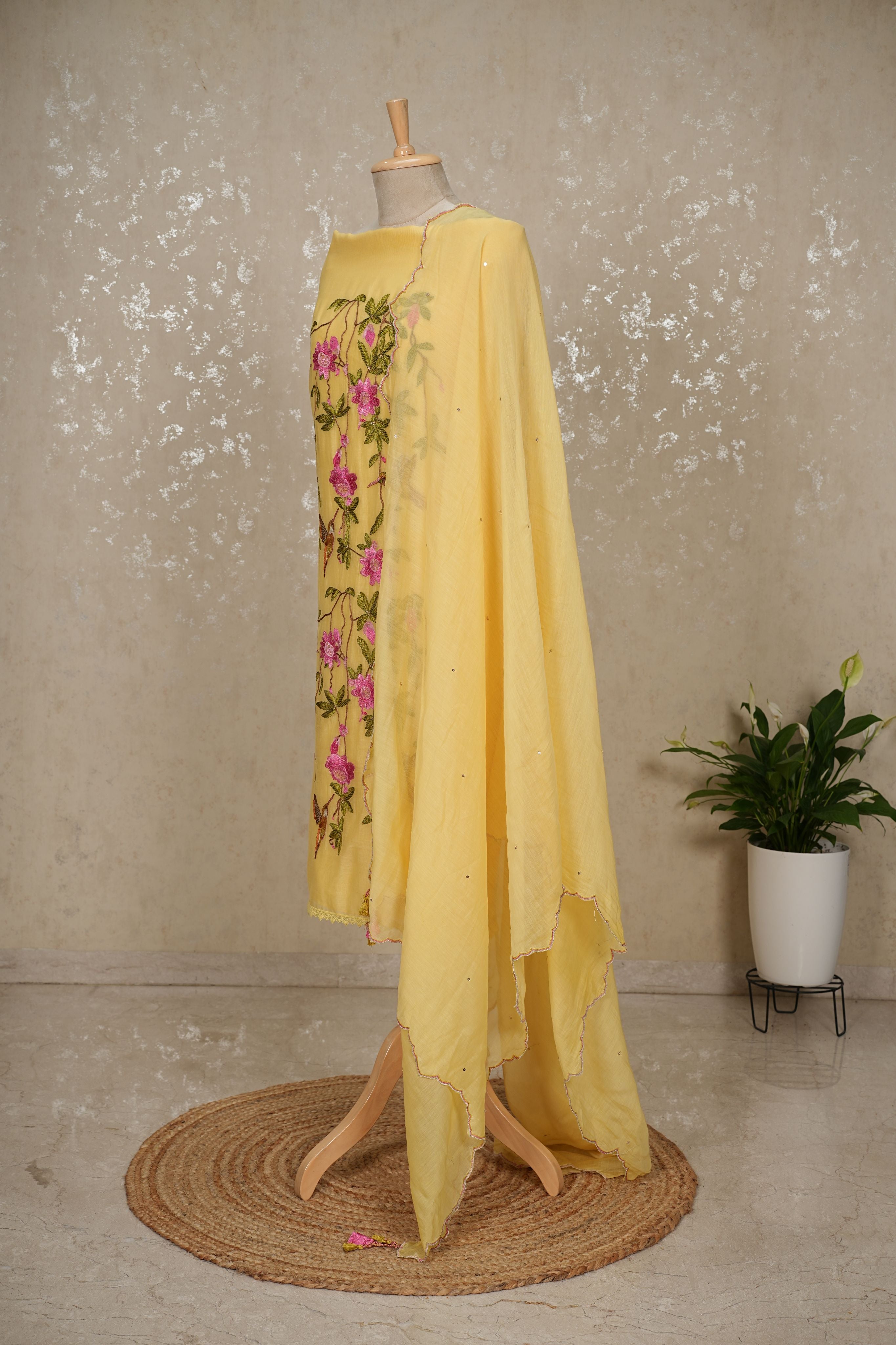 Hummingbird Embroidered Mul Chanderi Suit with Sequin Dupatta – 3 Pc Set