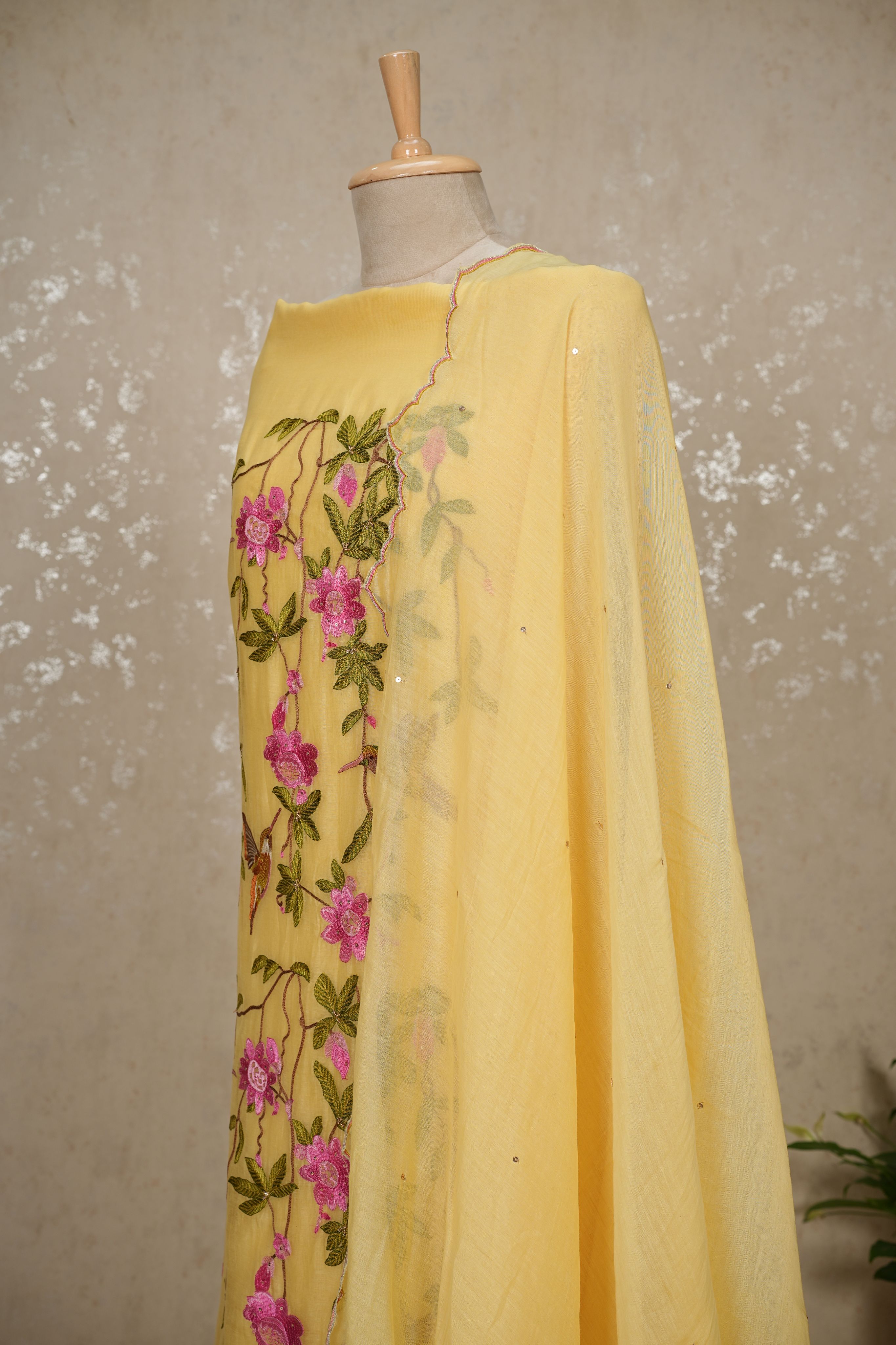 Hummingbird Embroidered Mul Chanderi Suit with Sequin Dupatta – 3 Pc Set