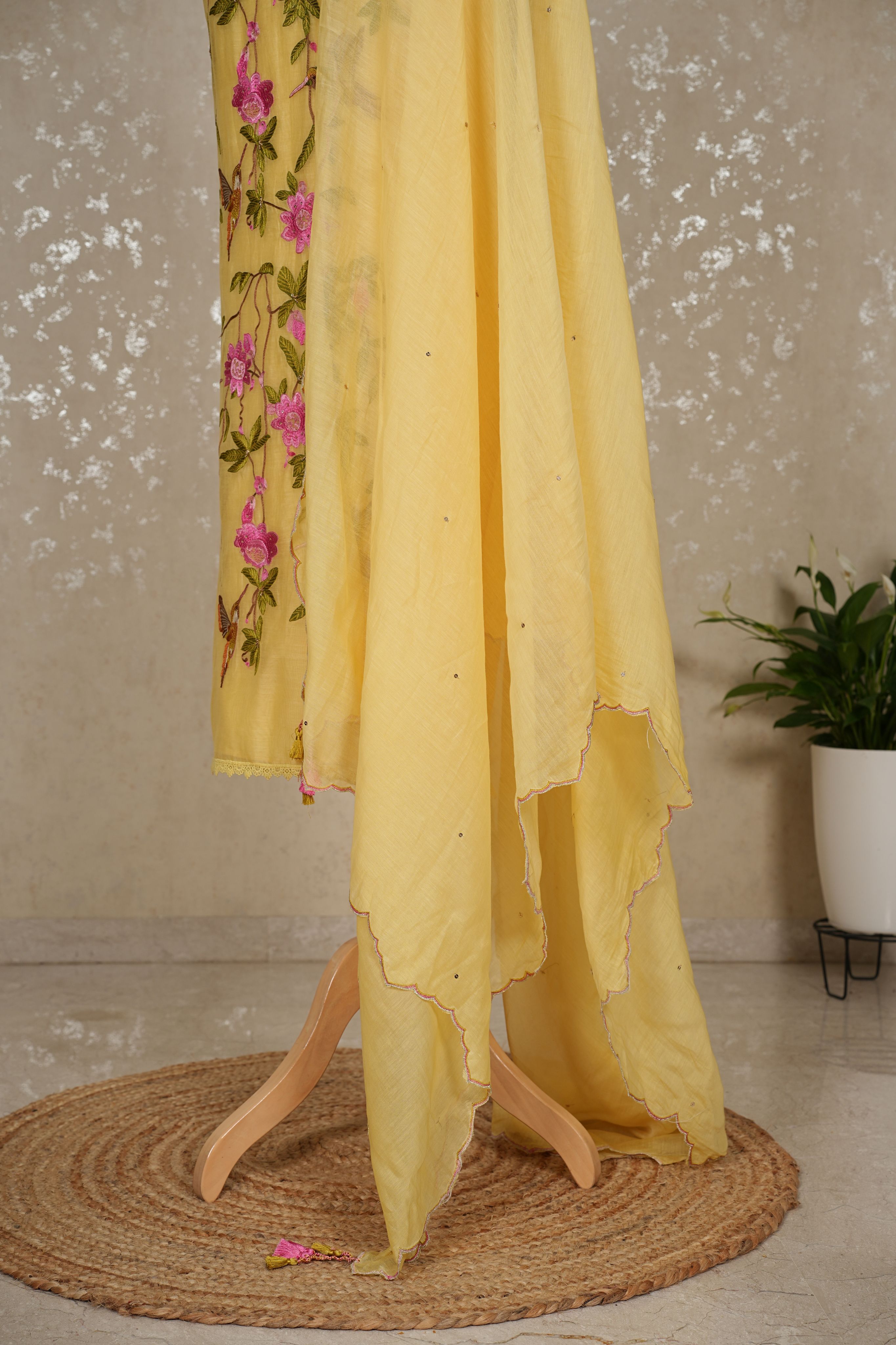 Hummingbird Embroidered Mul Chanderi Suit with Sequin Dupatta – 3 Pc Set