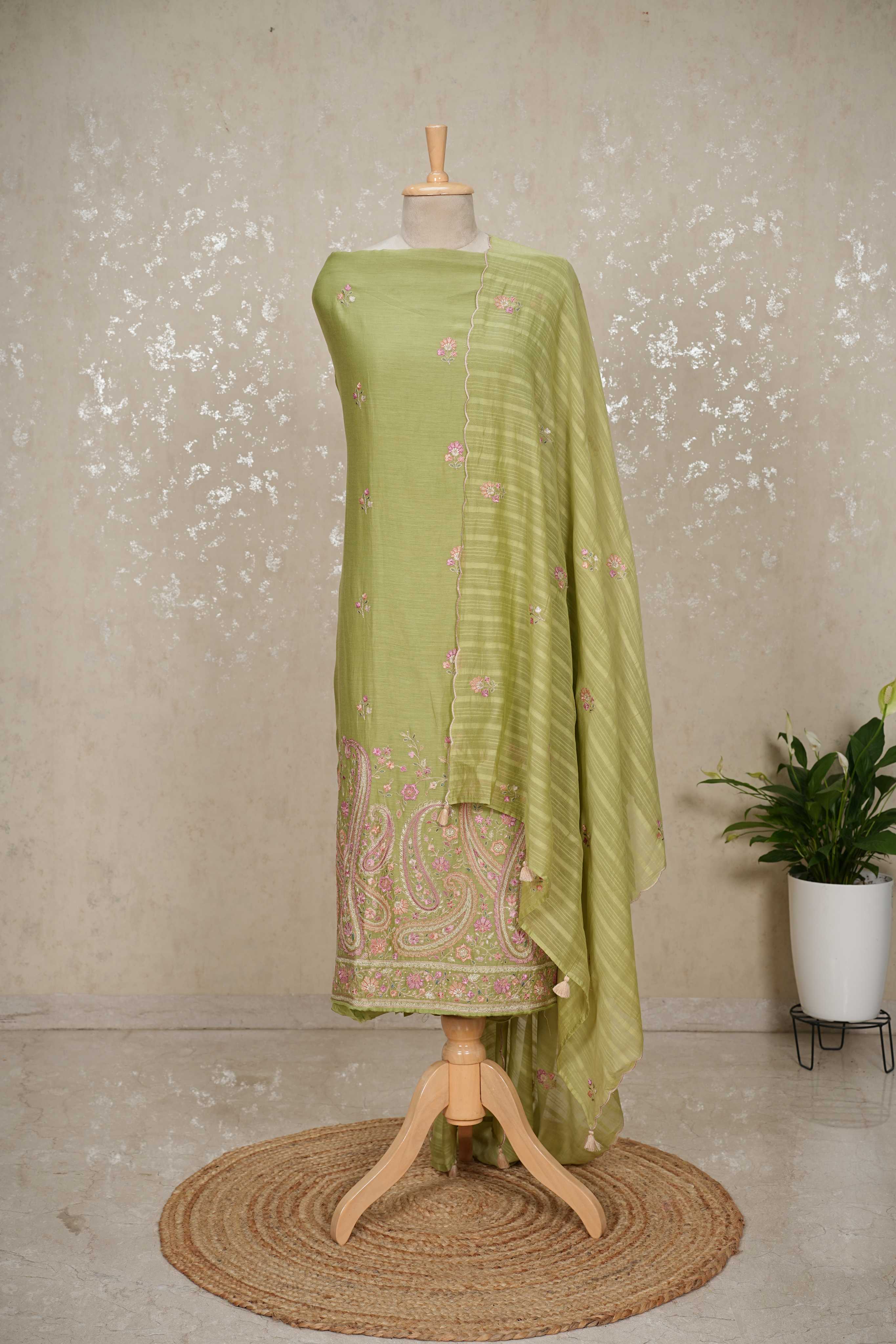 Kashmiri Embroidery Mul Chanderi Suit in Elegant Green