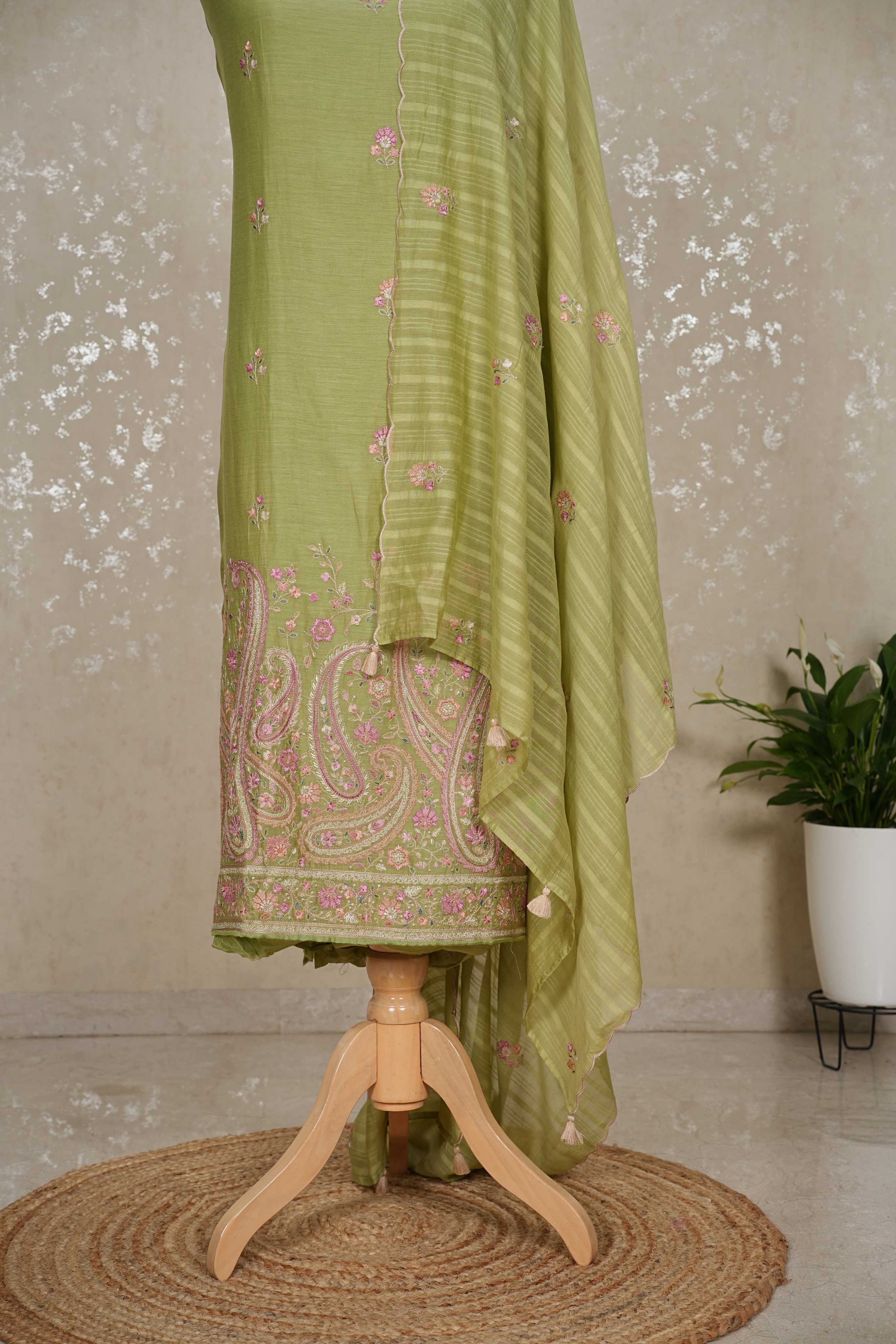 Kashmiri Embroidery Mul Chanderi Suit in Elegant Green