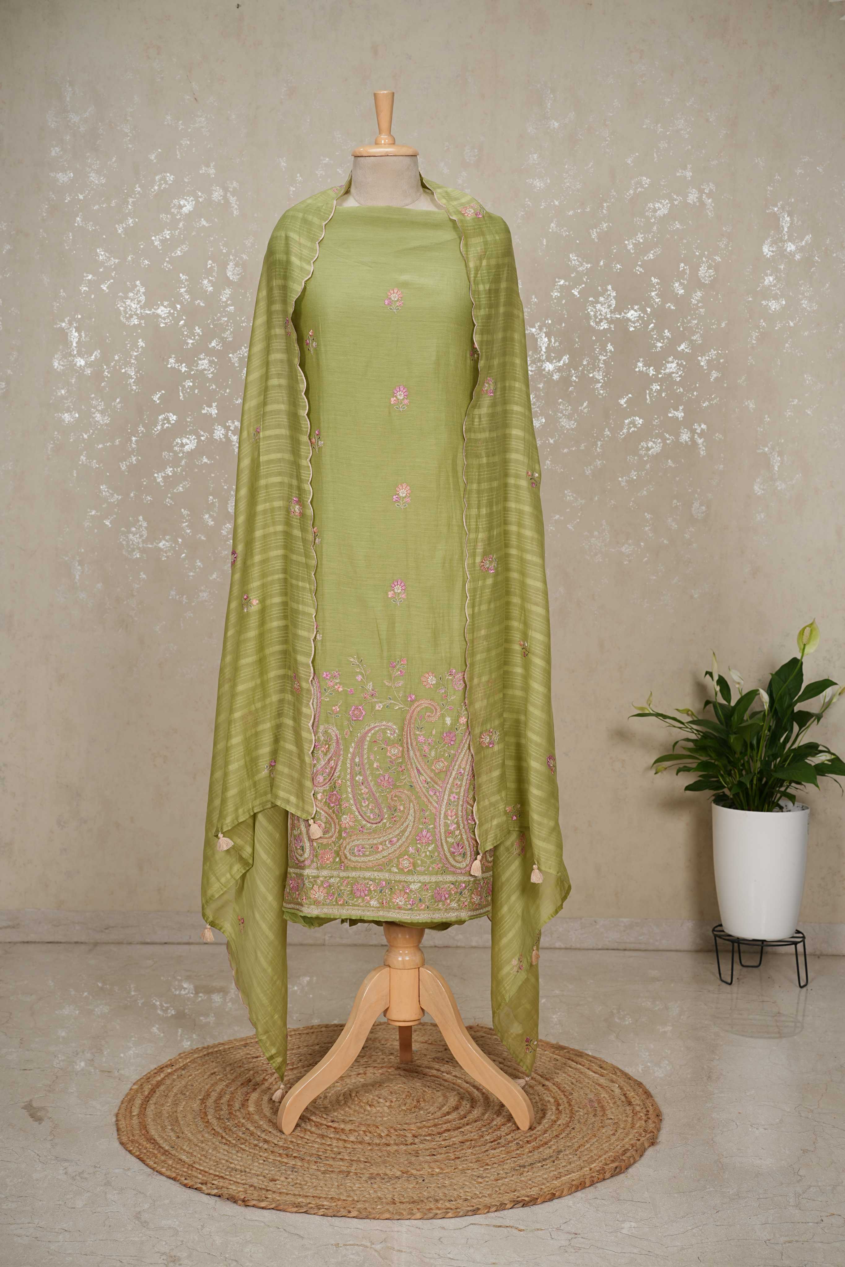Kashmiri Embroidery Mul Chanderi Suit in Elegant Green