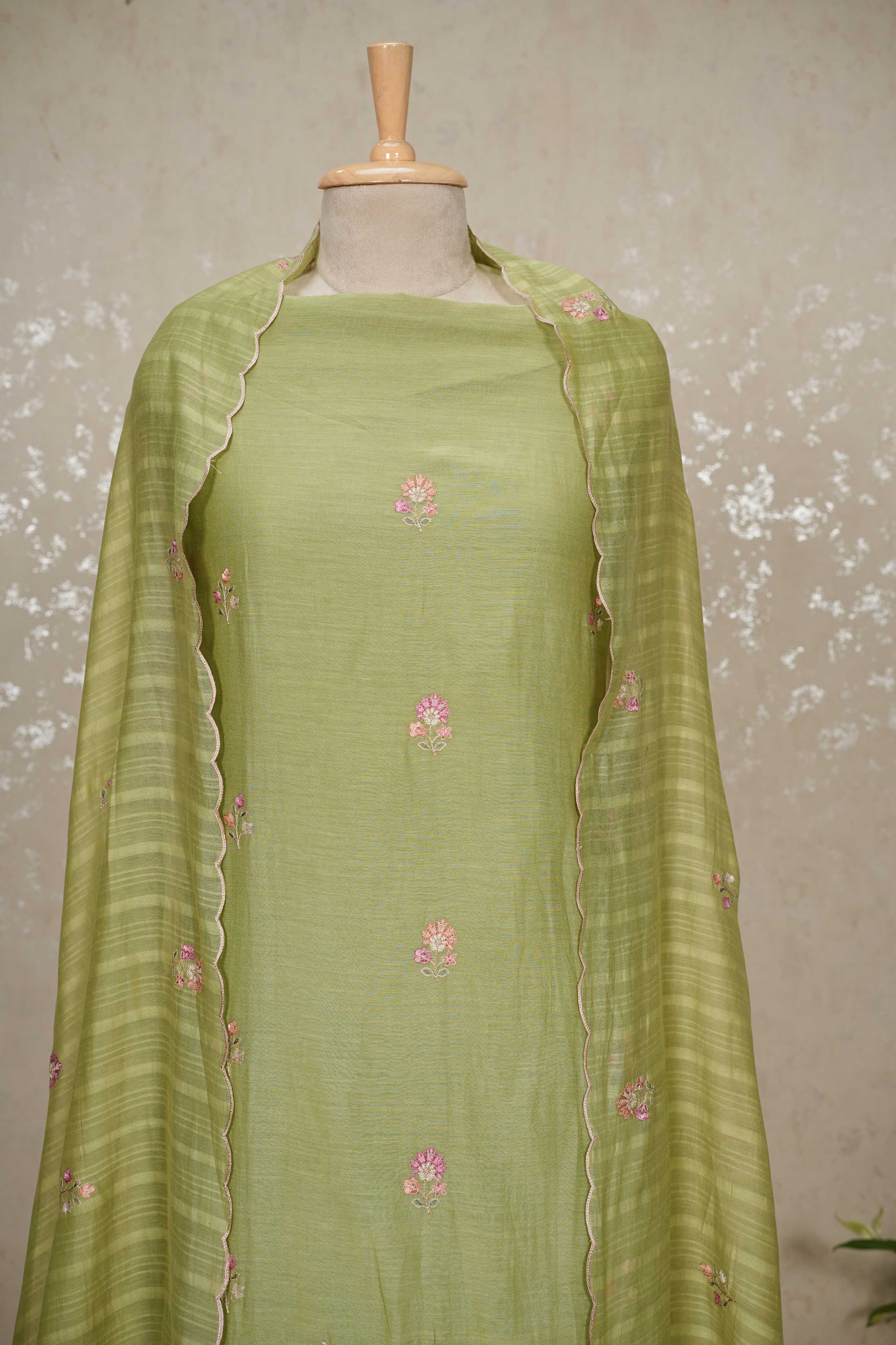 Kashmiri Embroidery Mul Chanderi Suit in Elegant Green