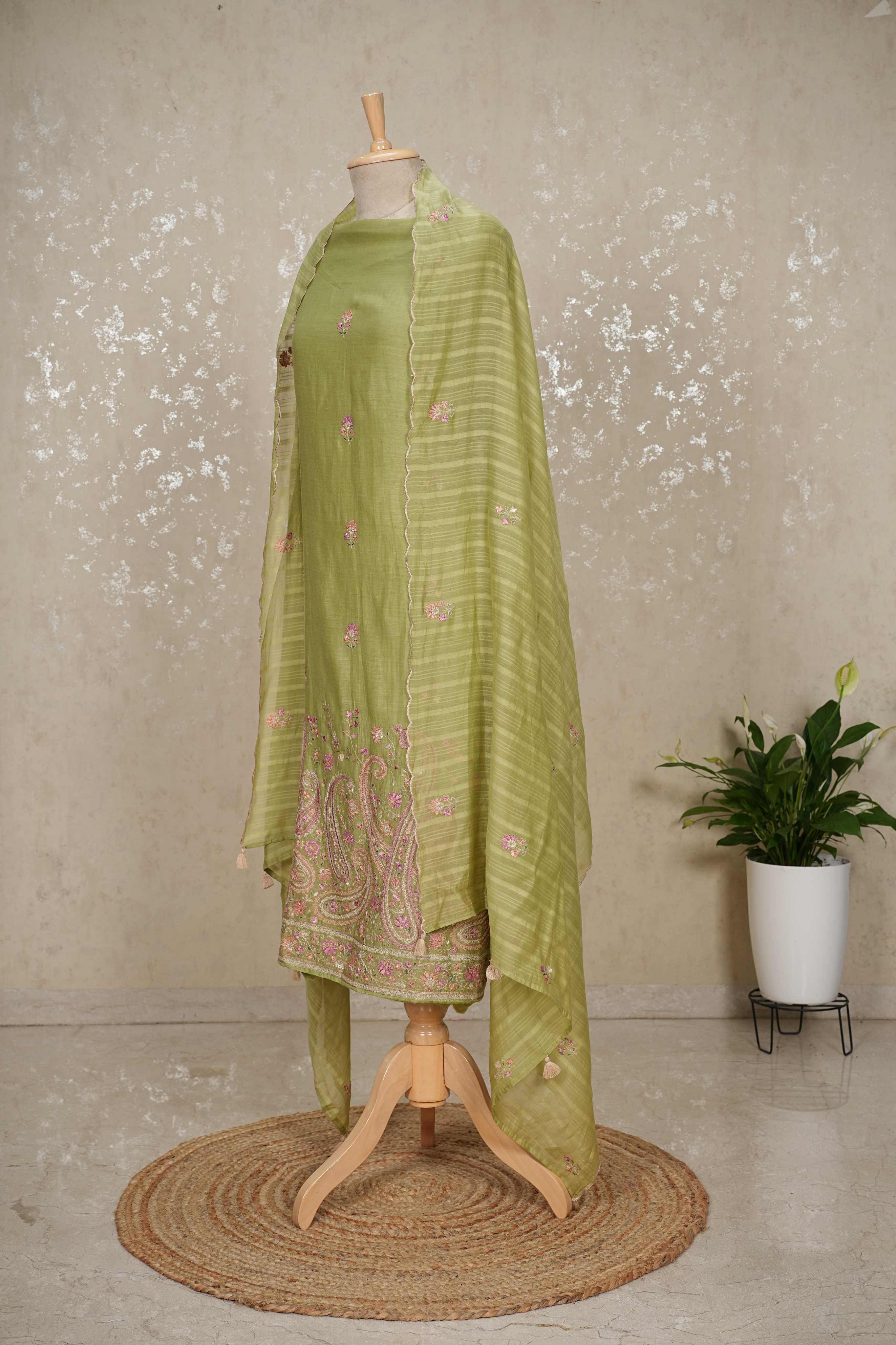 Kashmiri Embroidery Mul Chanderi Suit in Elegant Green