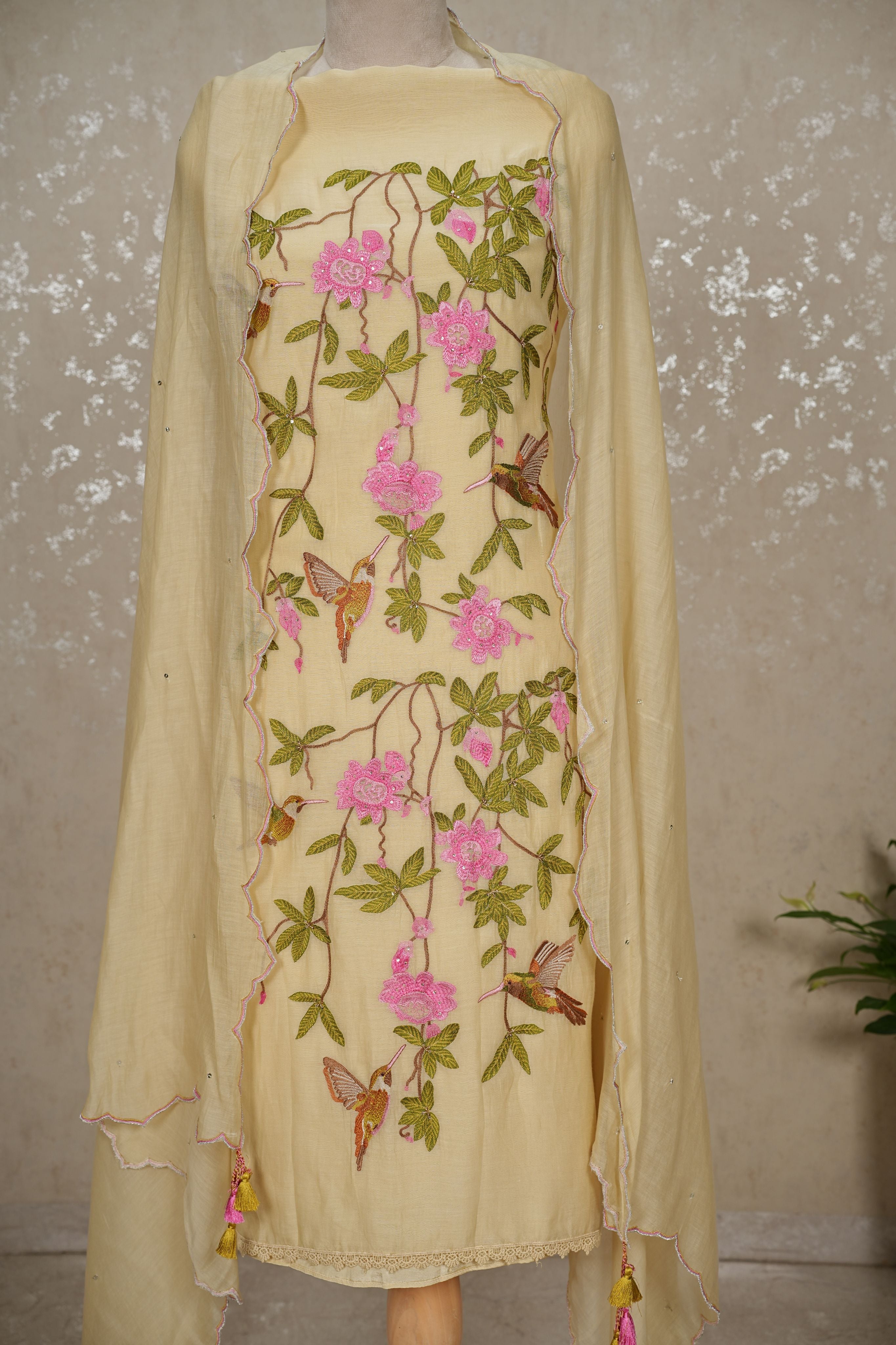 Hummingbird Embroidered Mul Chanderi Suit with Sequin Dupatta – 3 Pc Set