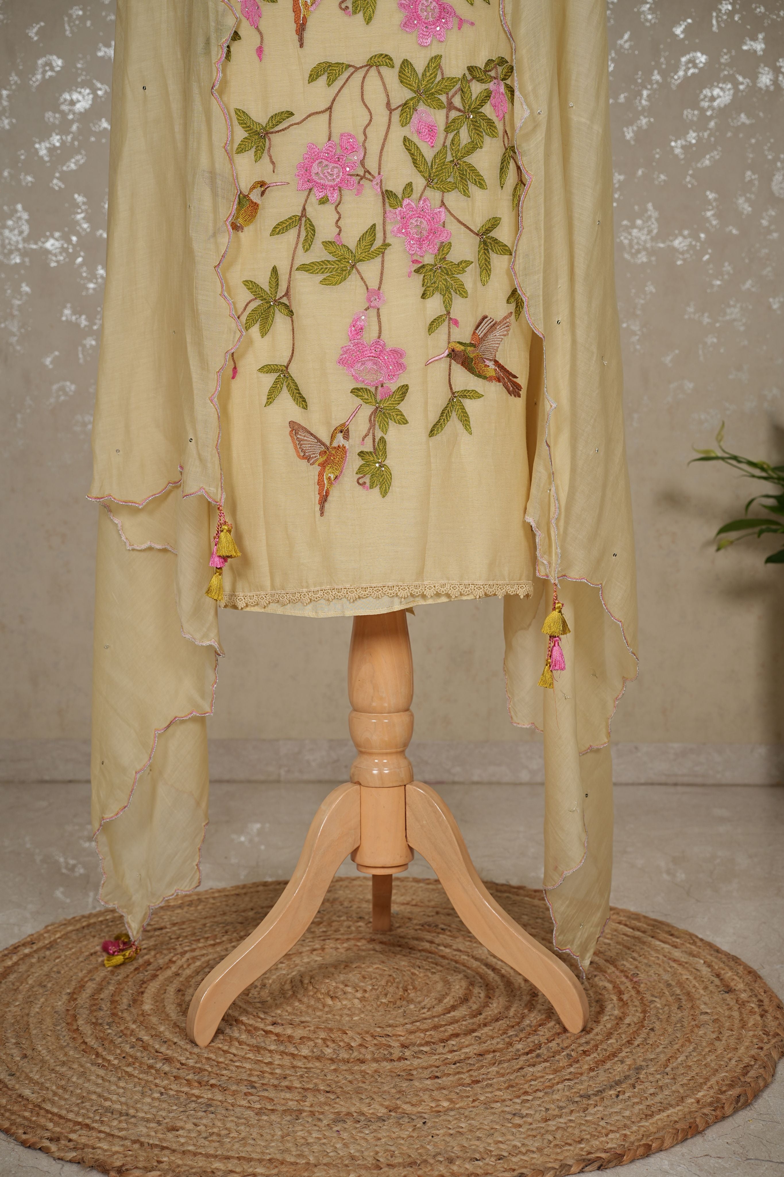 Hummingbird Embroidered Mul Chanderi Suit with Sequin Dupatta – 3 Pc Set