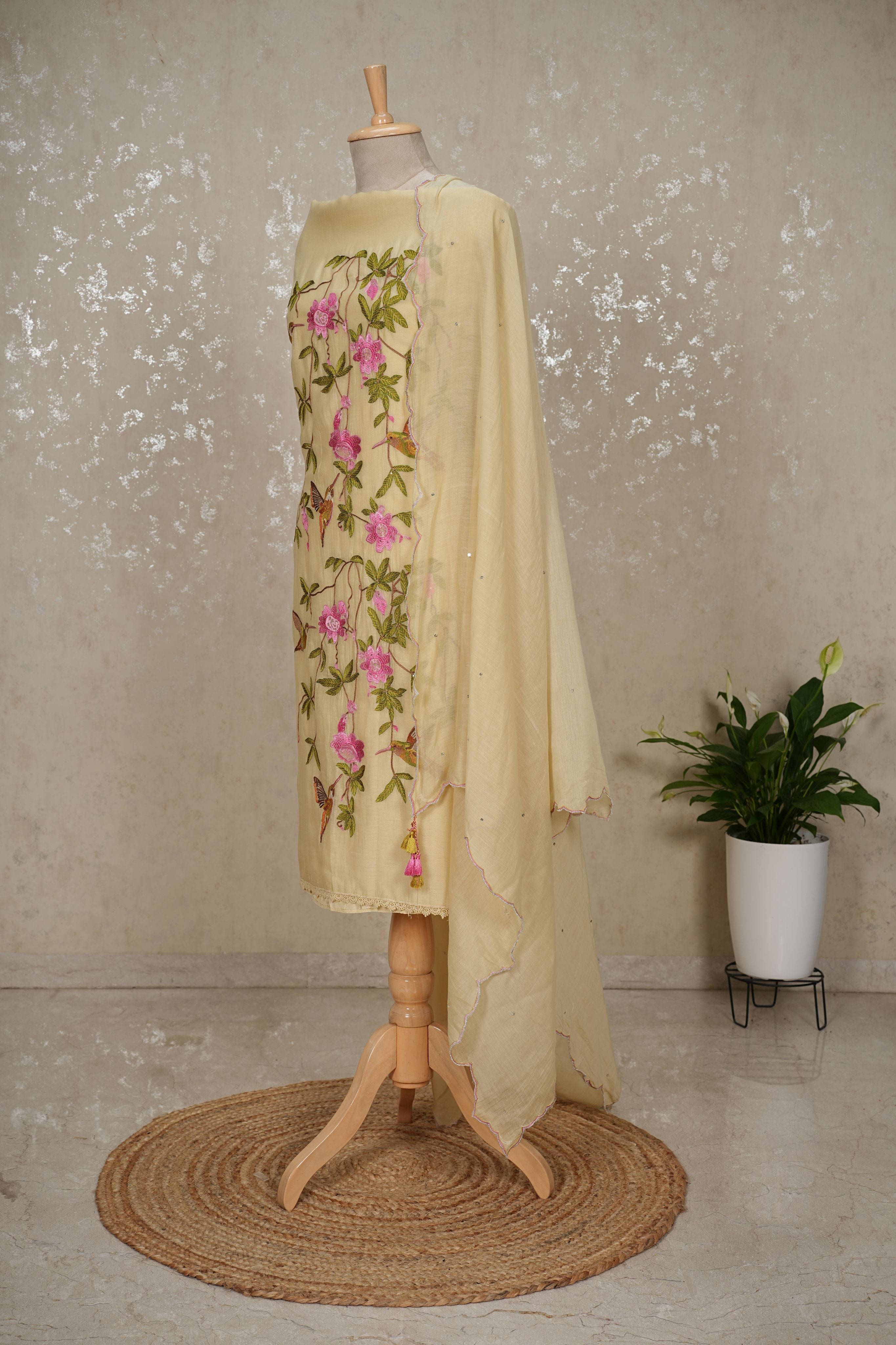 Hummingbird Embroidered Mul Chanderi Suit with Sequin Dupatta – 3 Pc Set