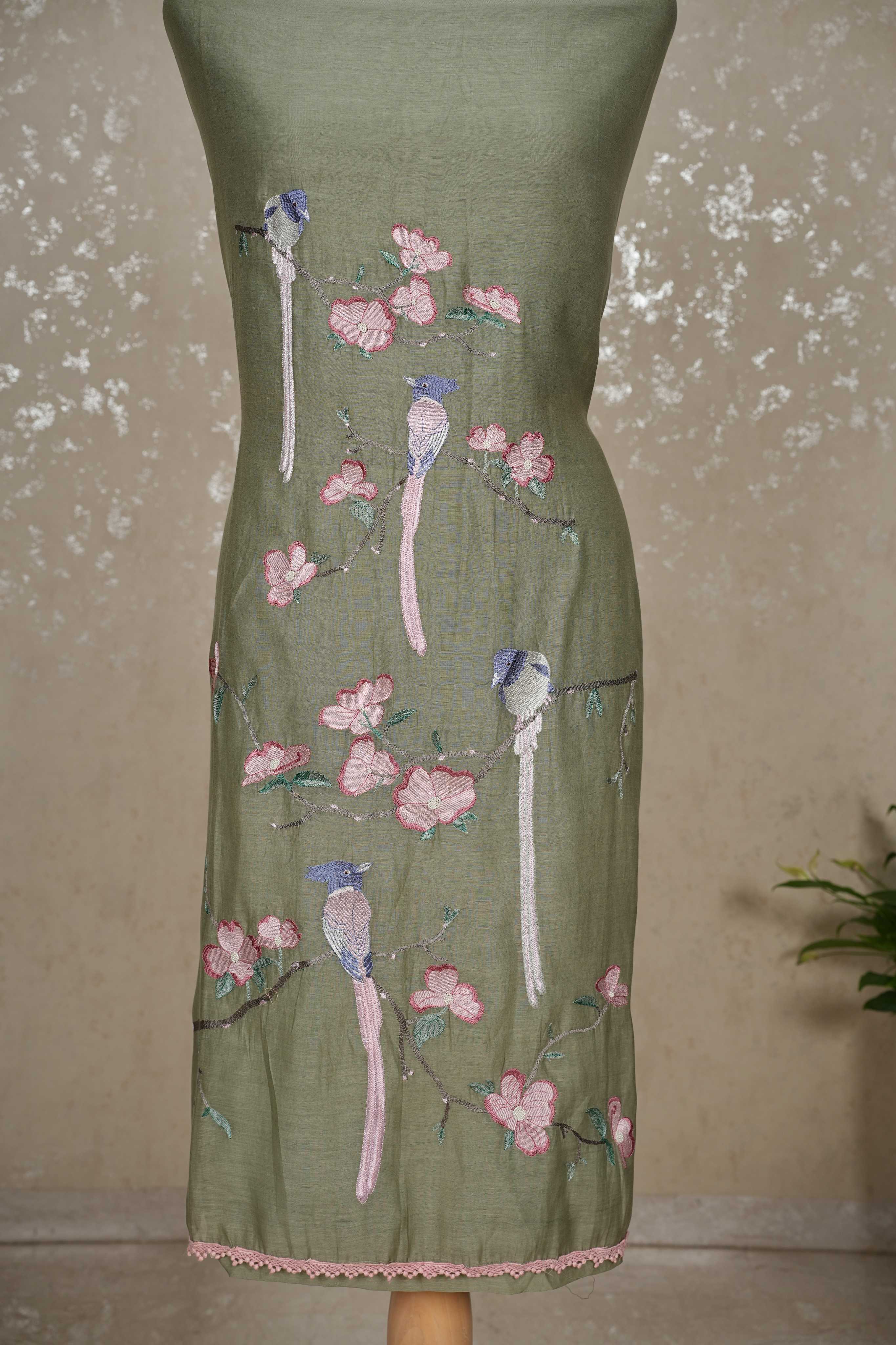 Bird Motif mulChanderi 3-Piece Suit with Sequined Dupatta