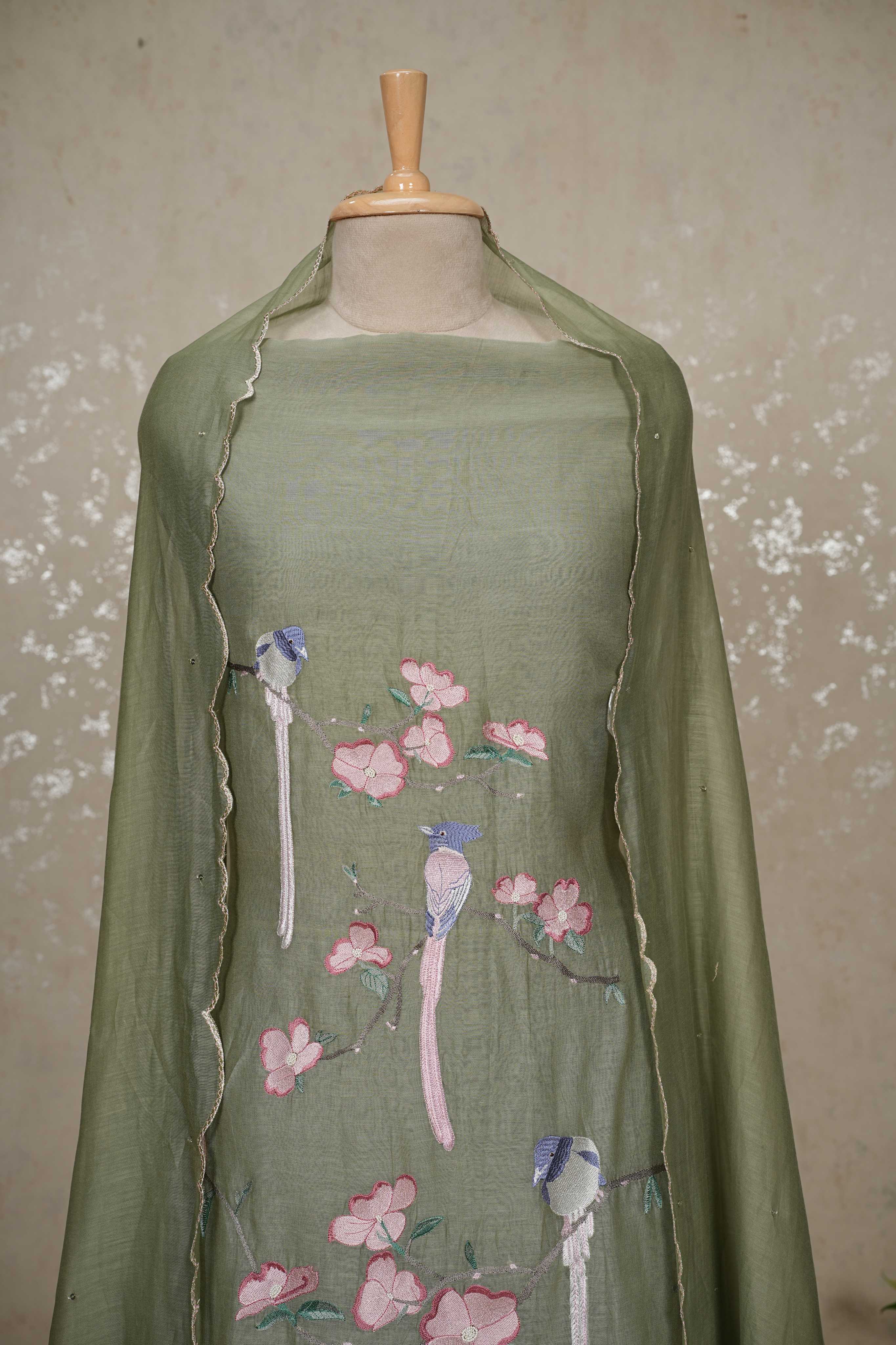 Bird Motif mulChanderi 3-Piece Suit with Sequined Dupatta