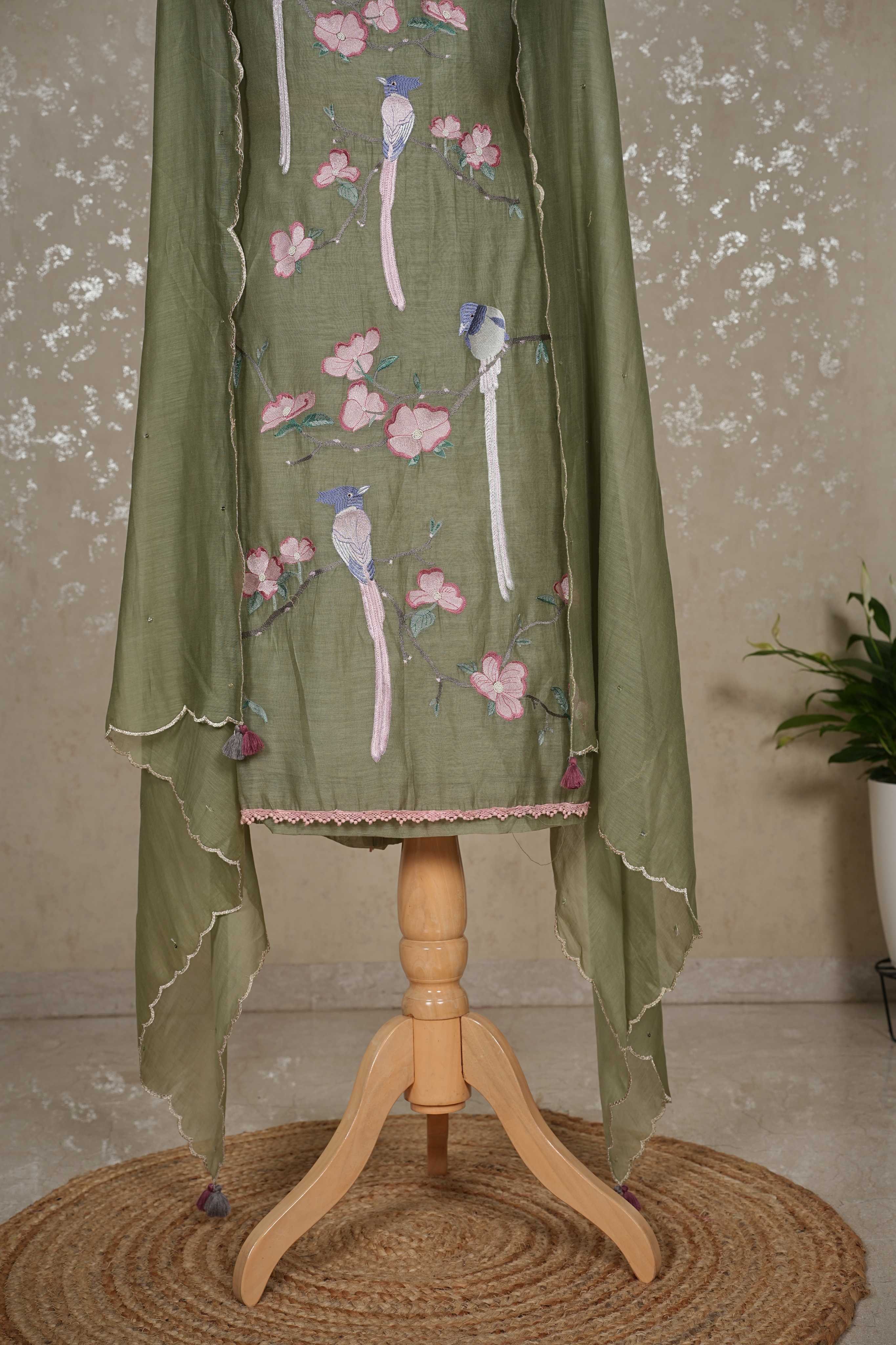 Bird Motif mulChanderi 3-Piece Suit with Sequined Dupatta