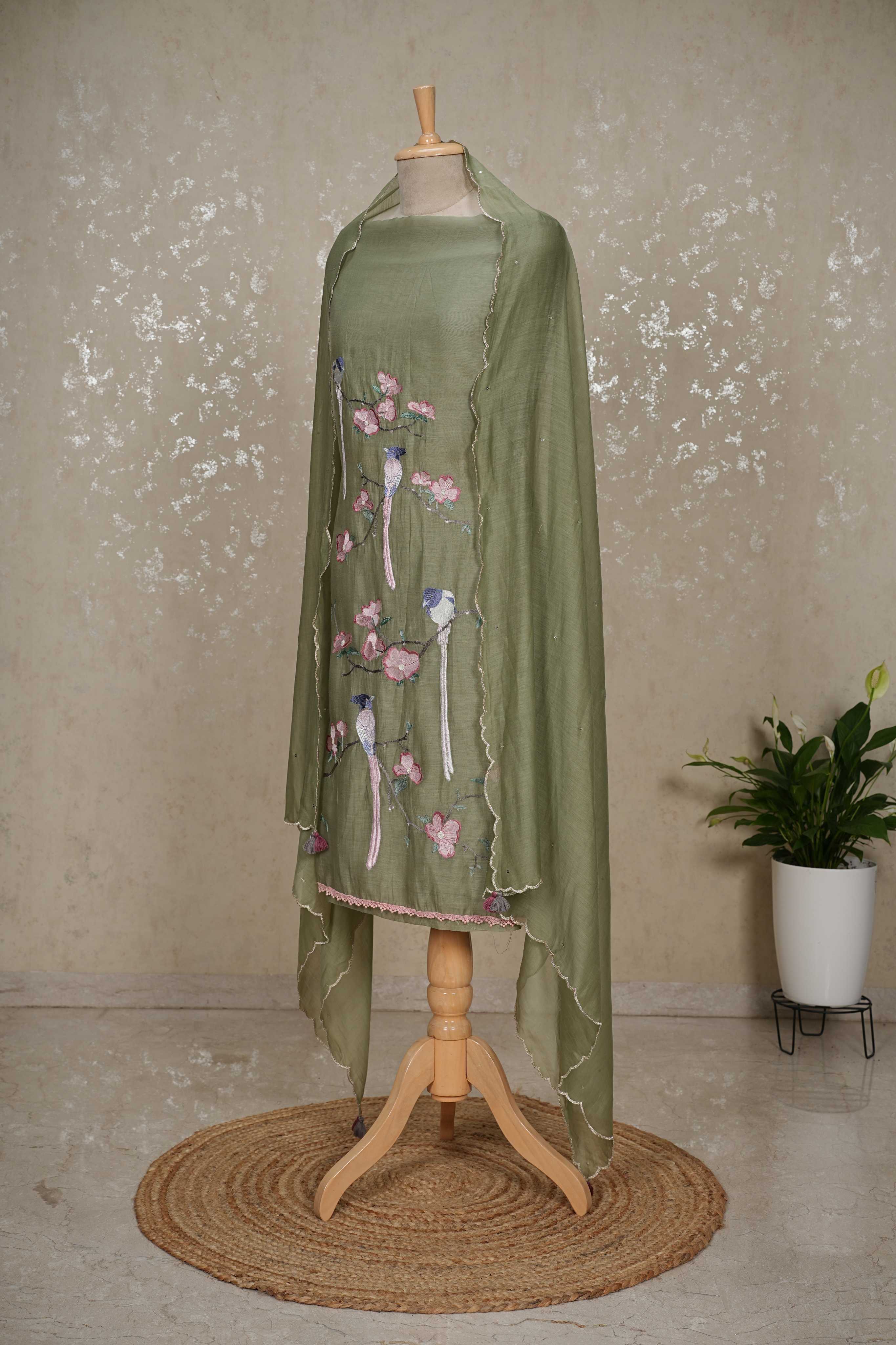 Bird Motif mulChanderi 3-Piece Suit with Sequined Dupatta