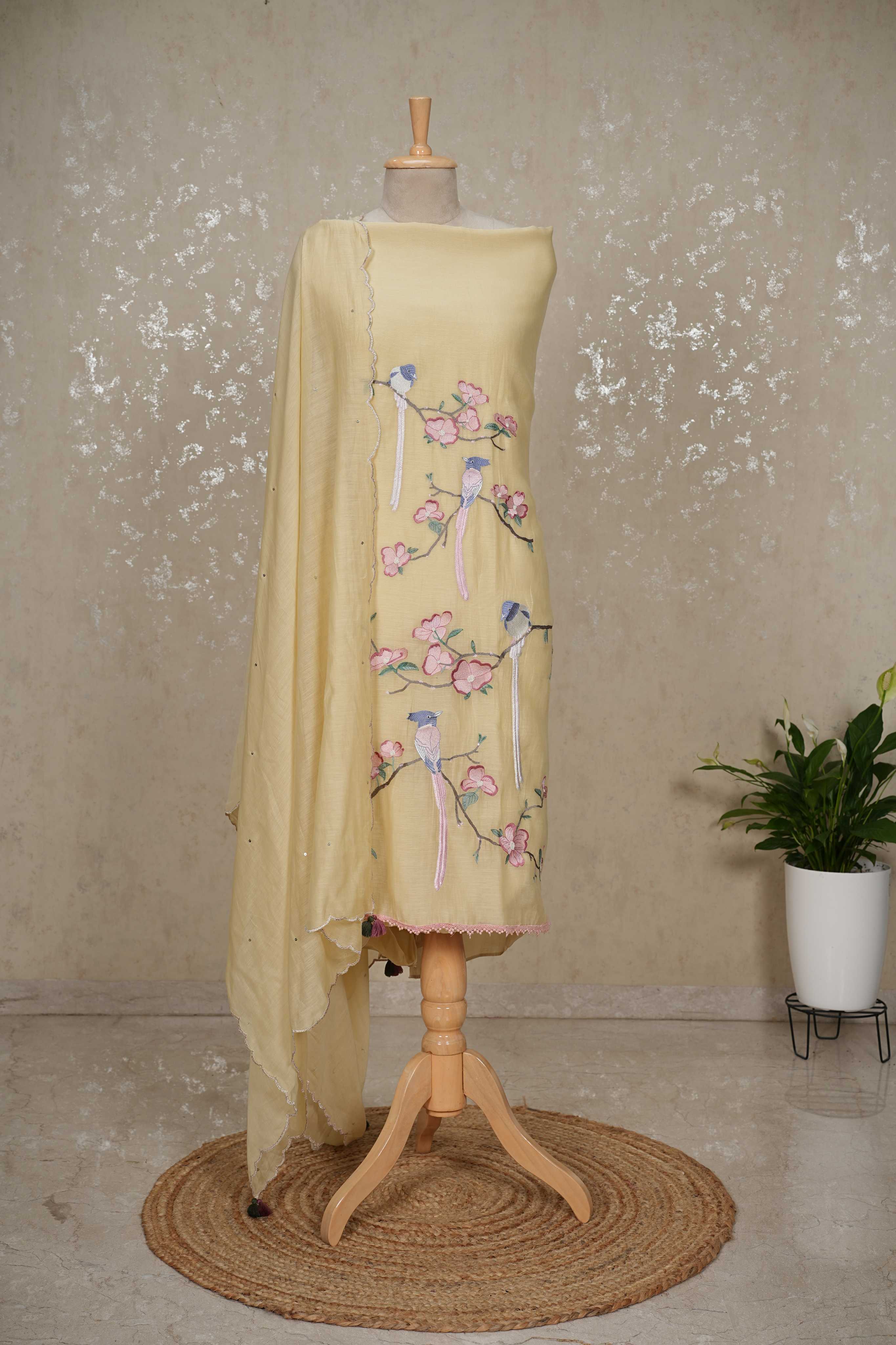 Bird Motif mulChanderi 3-Piece Suit with Sequined Dupatta