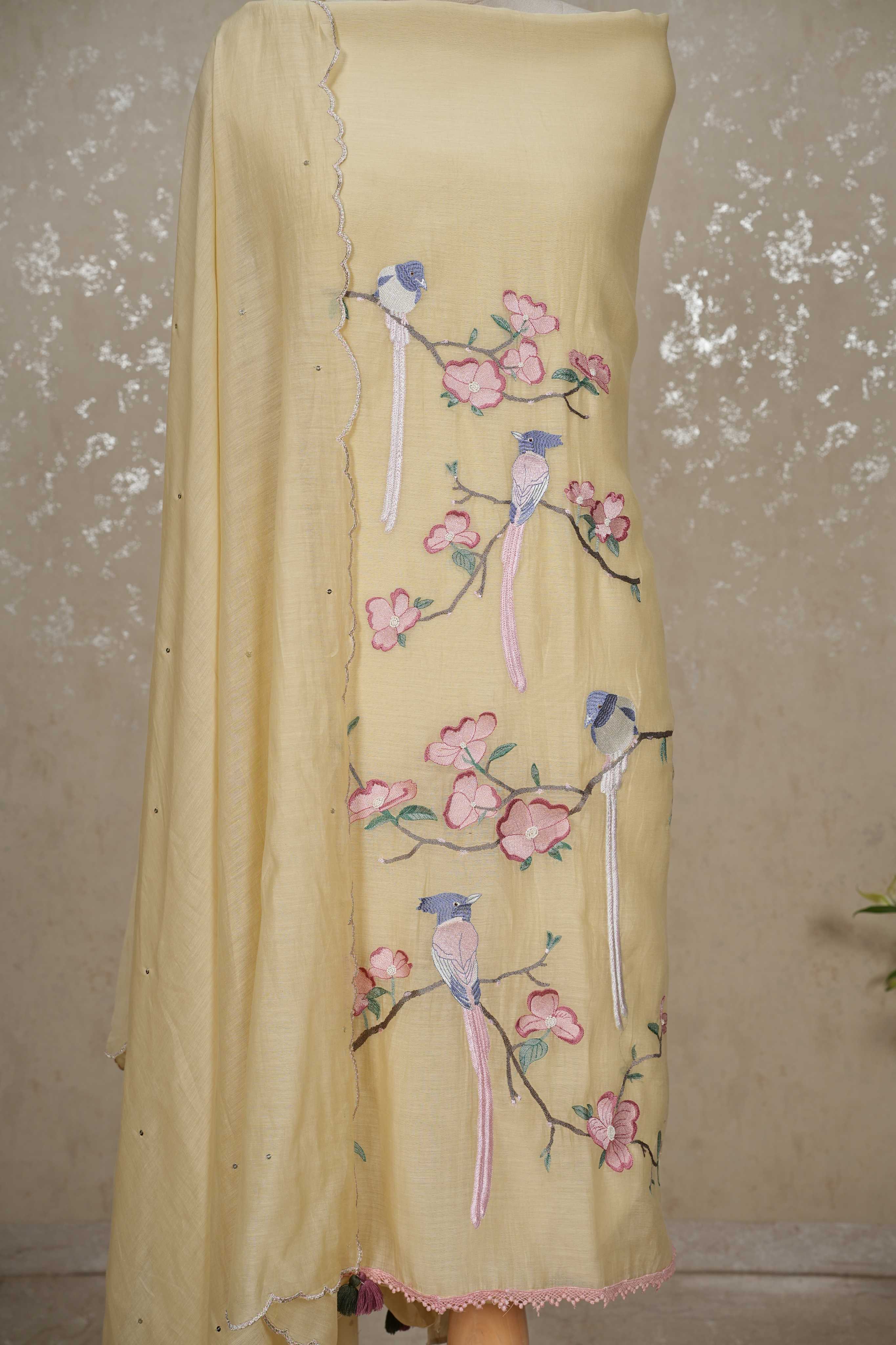 Bird Motif mulChanderi 3-Piece Suit with Sequined Dupatta