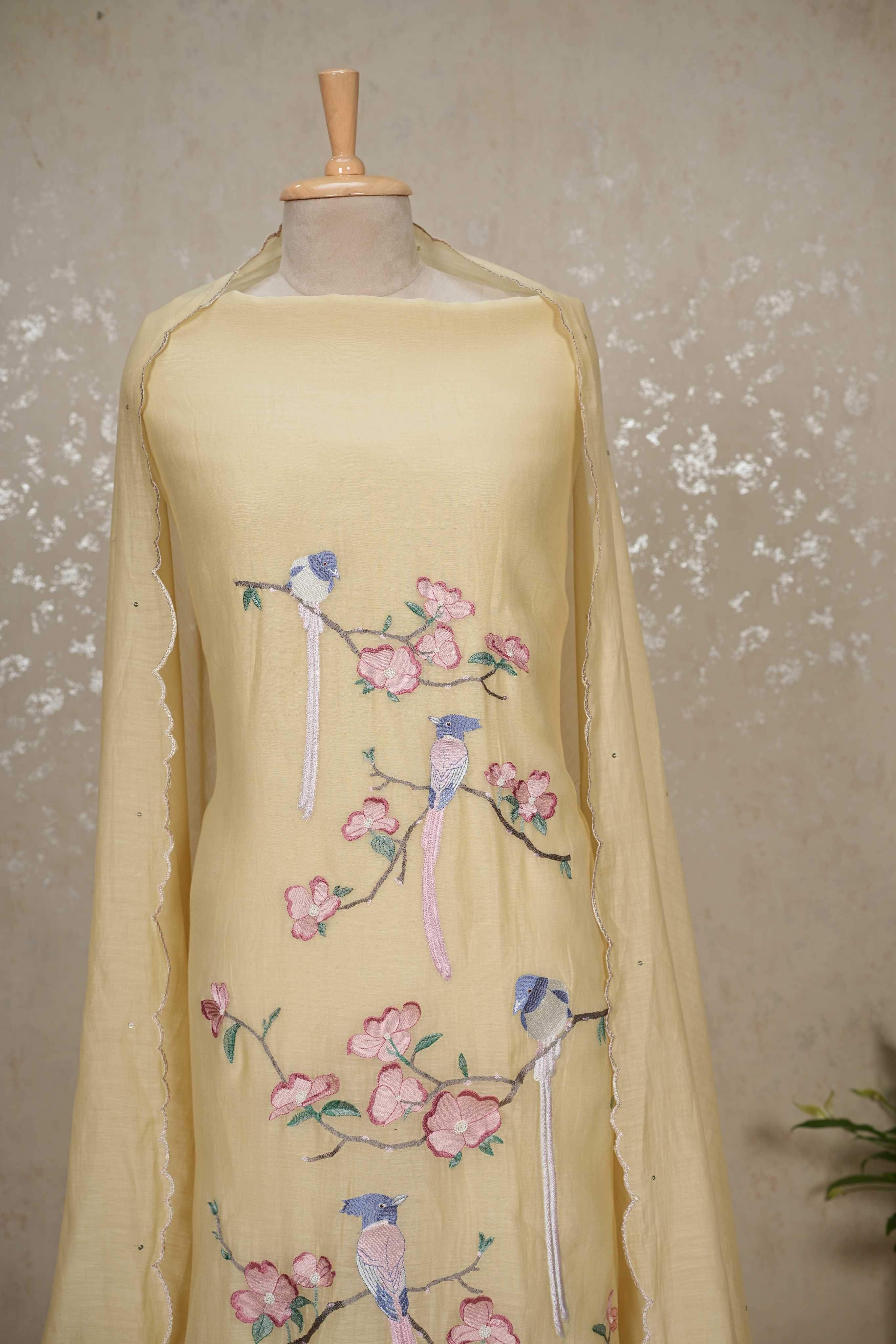 Bird Motif mulChanderi 3-Piece Suit with Sequined Dupatta