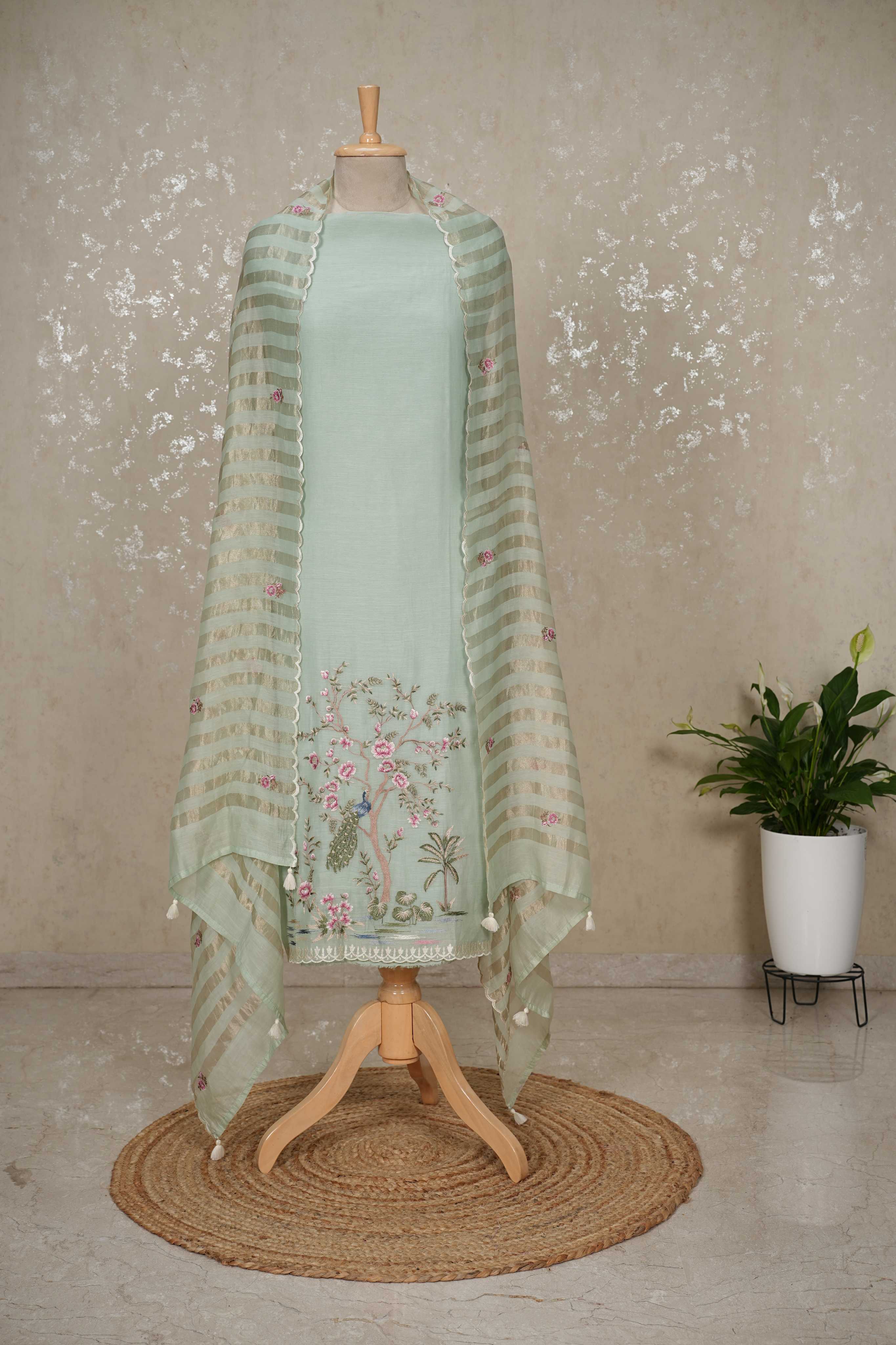 Peacock Motif Mul Chanderi Suit with Tissue Strip Dupatta