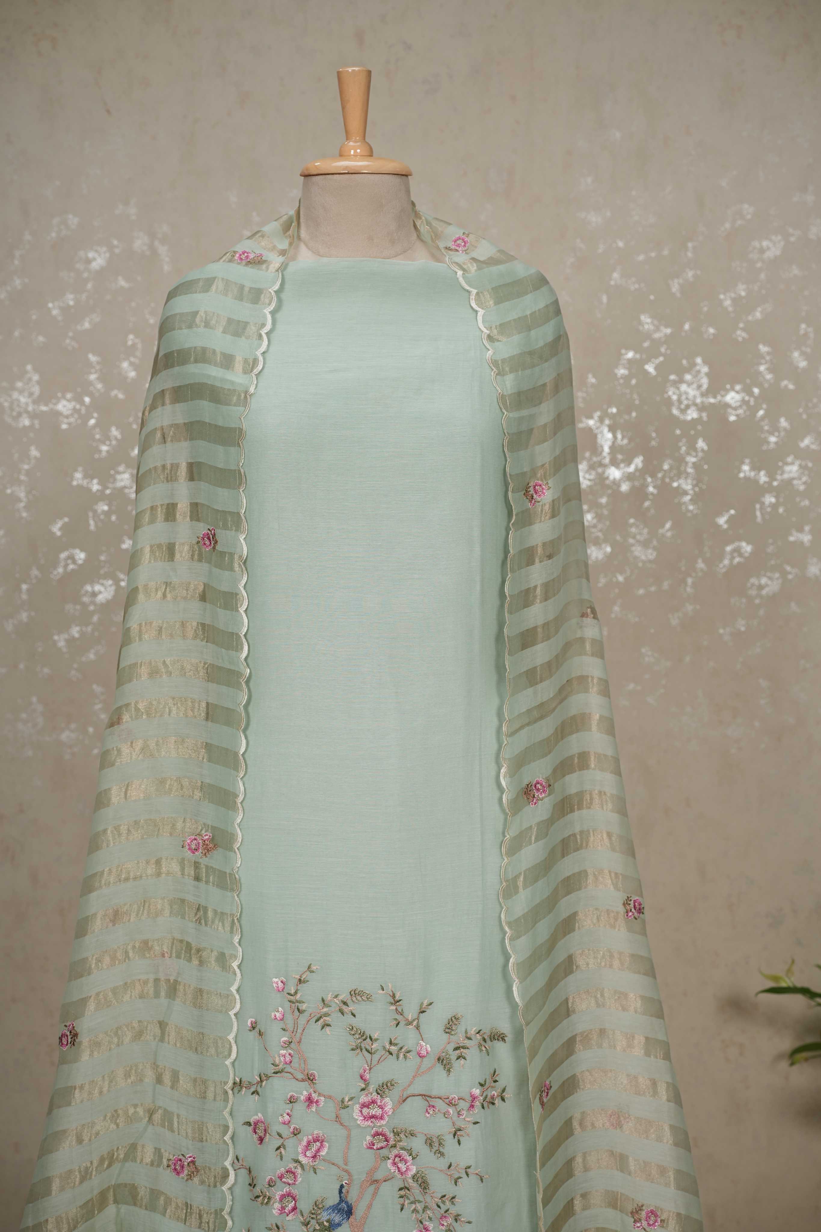 Peacock Motif Mul Chanderi Suit with Tissue Strip Dupatta