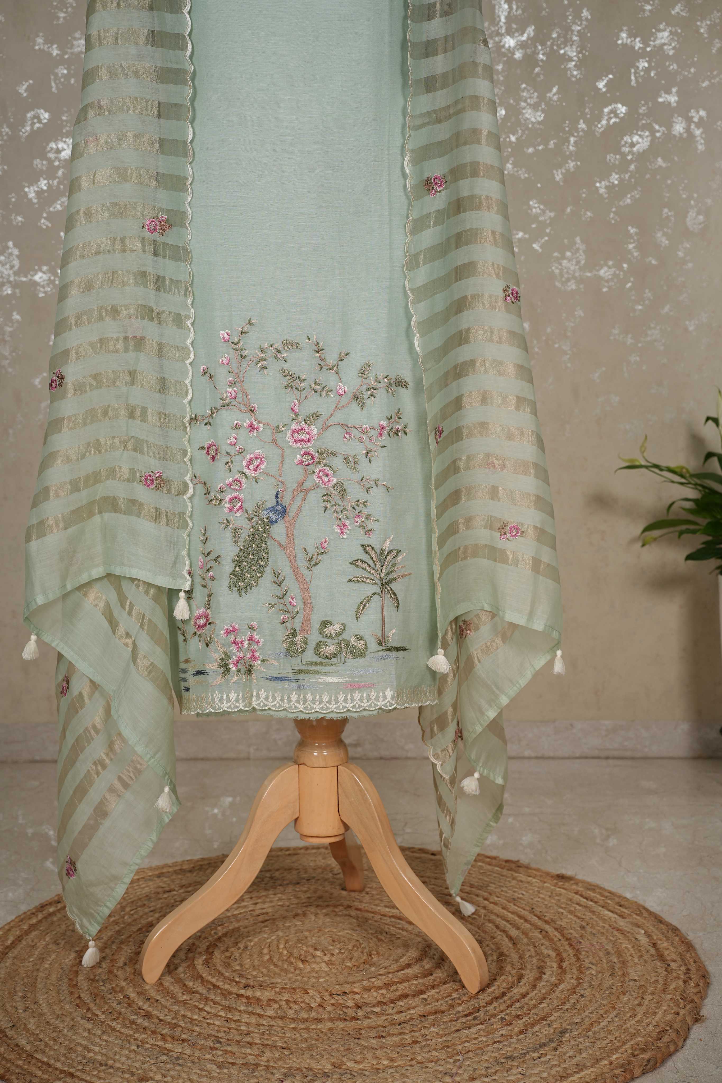 Peacock Motif Mul Chanderi Suit with Tissue Strip Dupatta