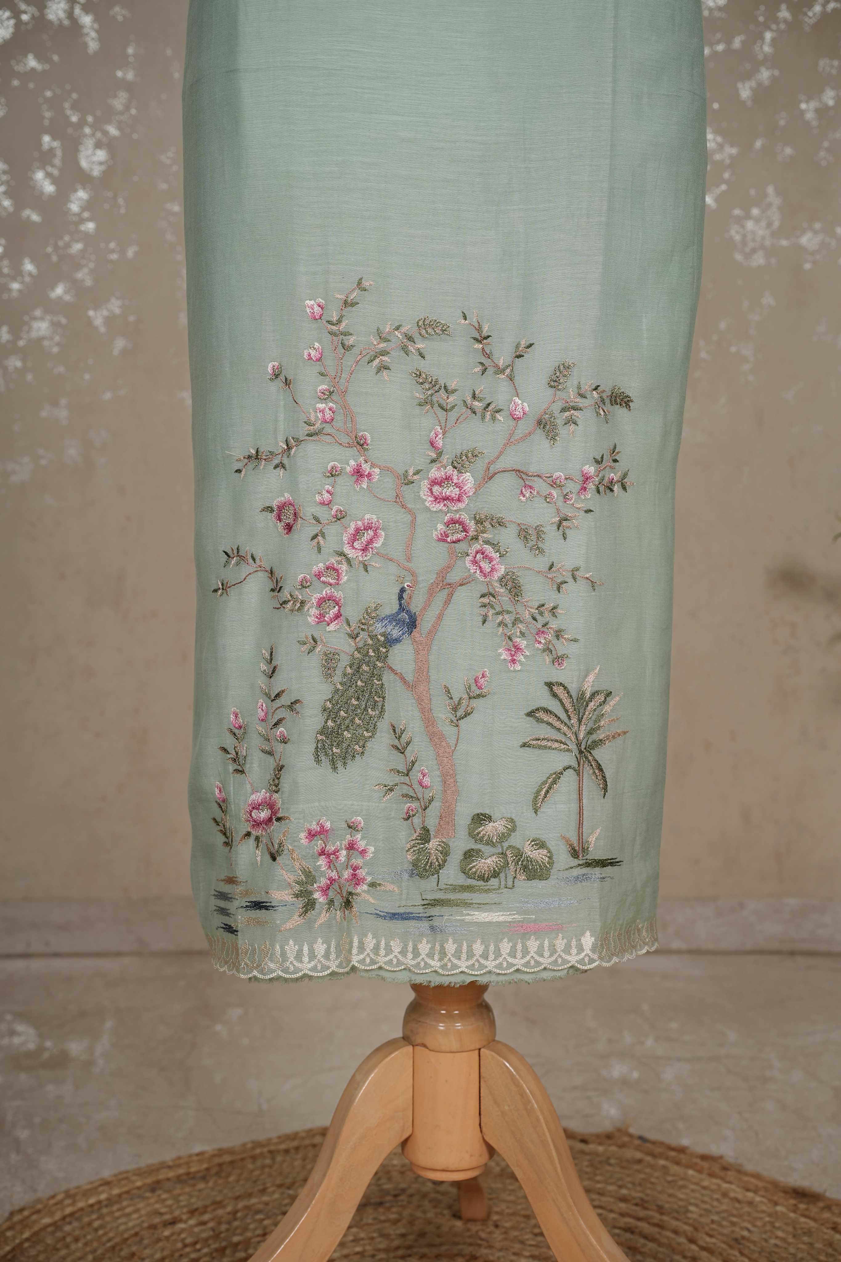 Peacock Motif Mul Chanderi Suit with Tissue Strip Dupatta