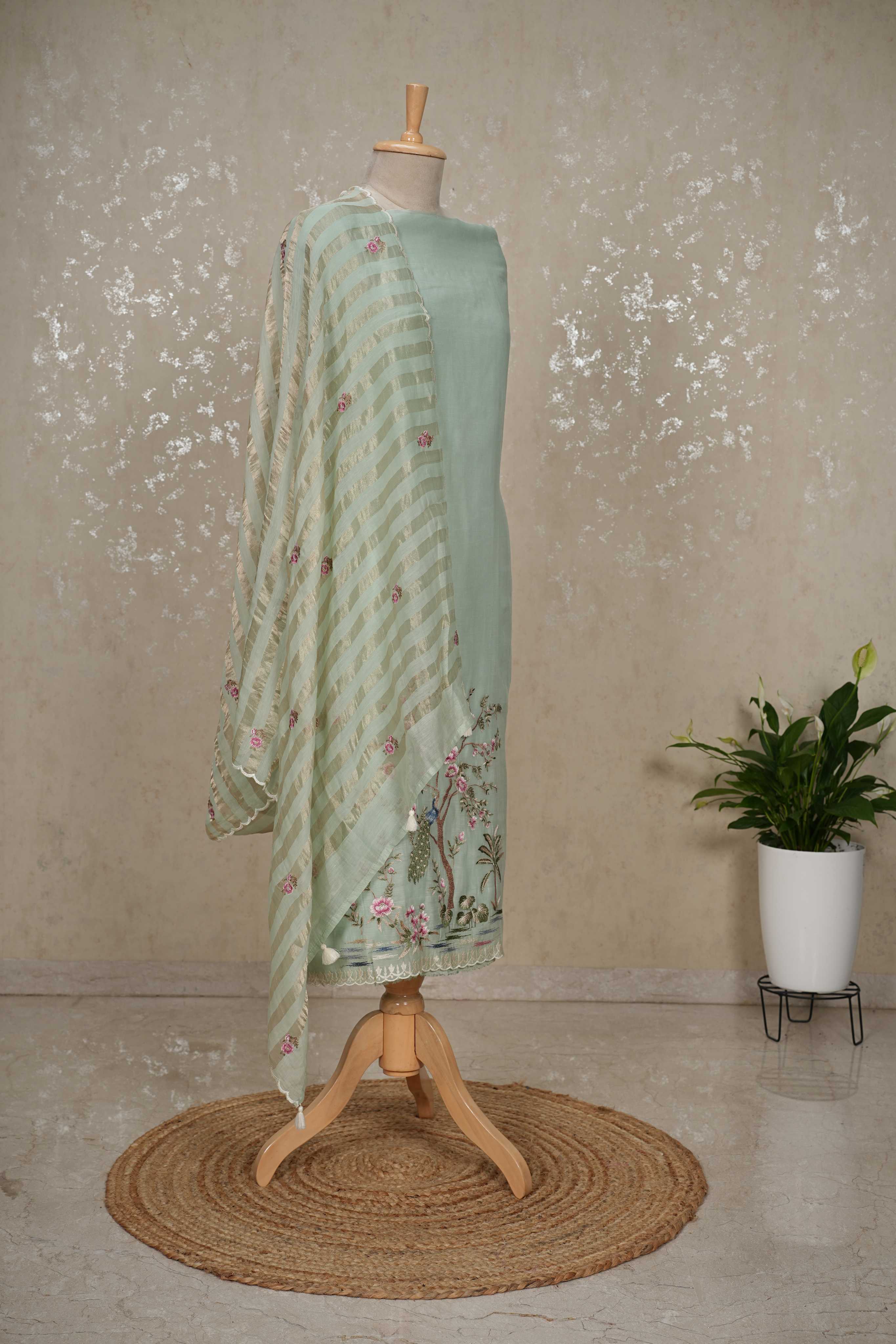 Peacock Motif Mul Chanderi Suit with Tissue Strip Dupatta