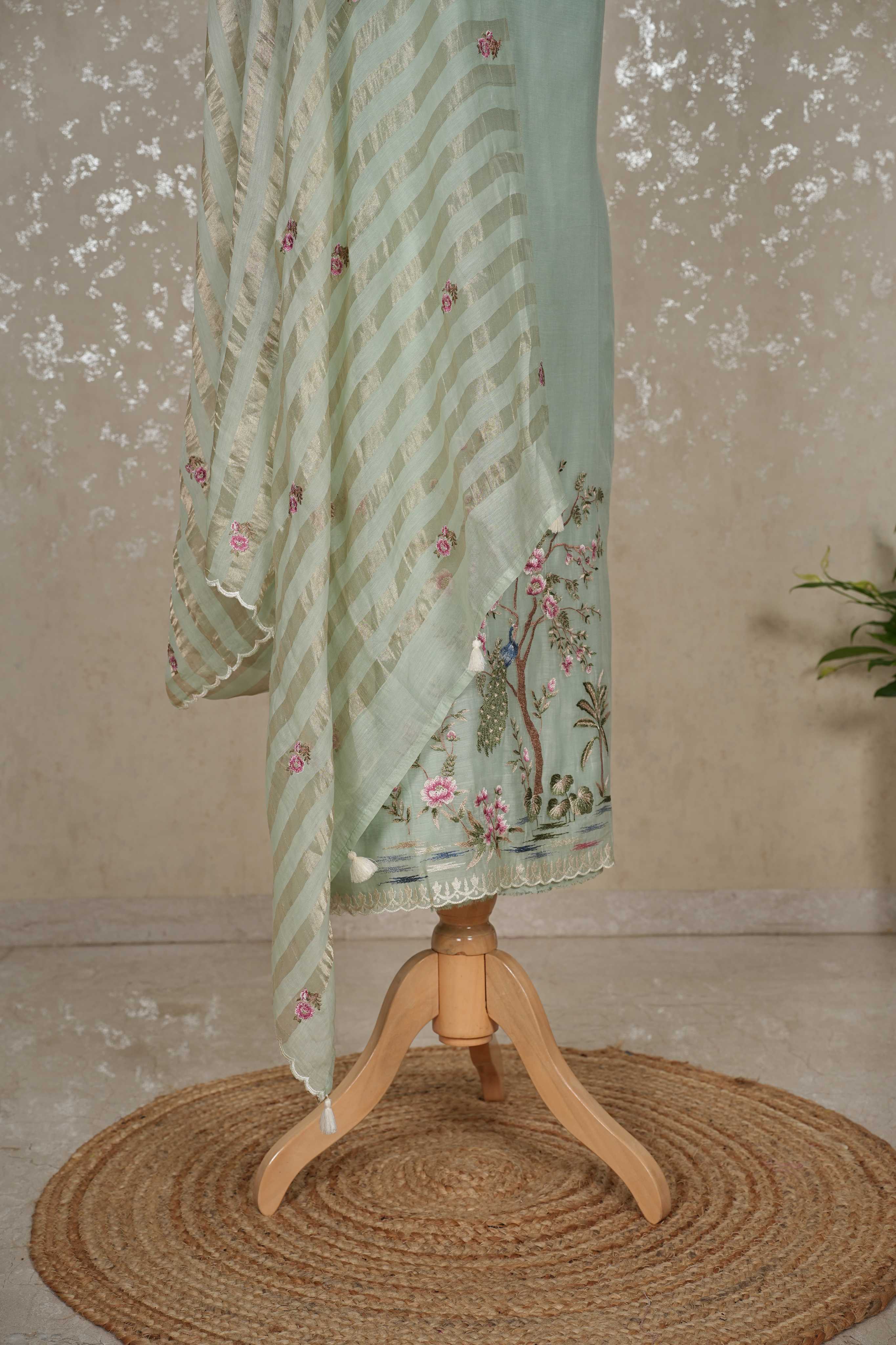 Peacock Motif Mul Chanderi Suit with Tissue Strip Dupatta