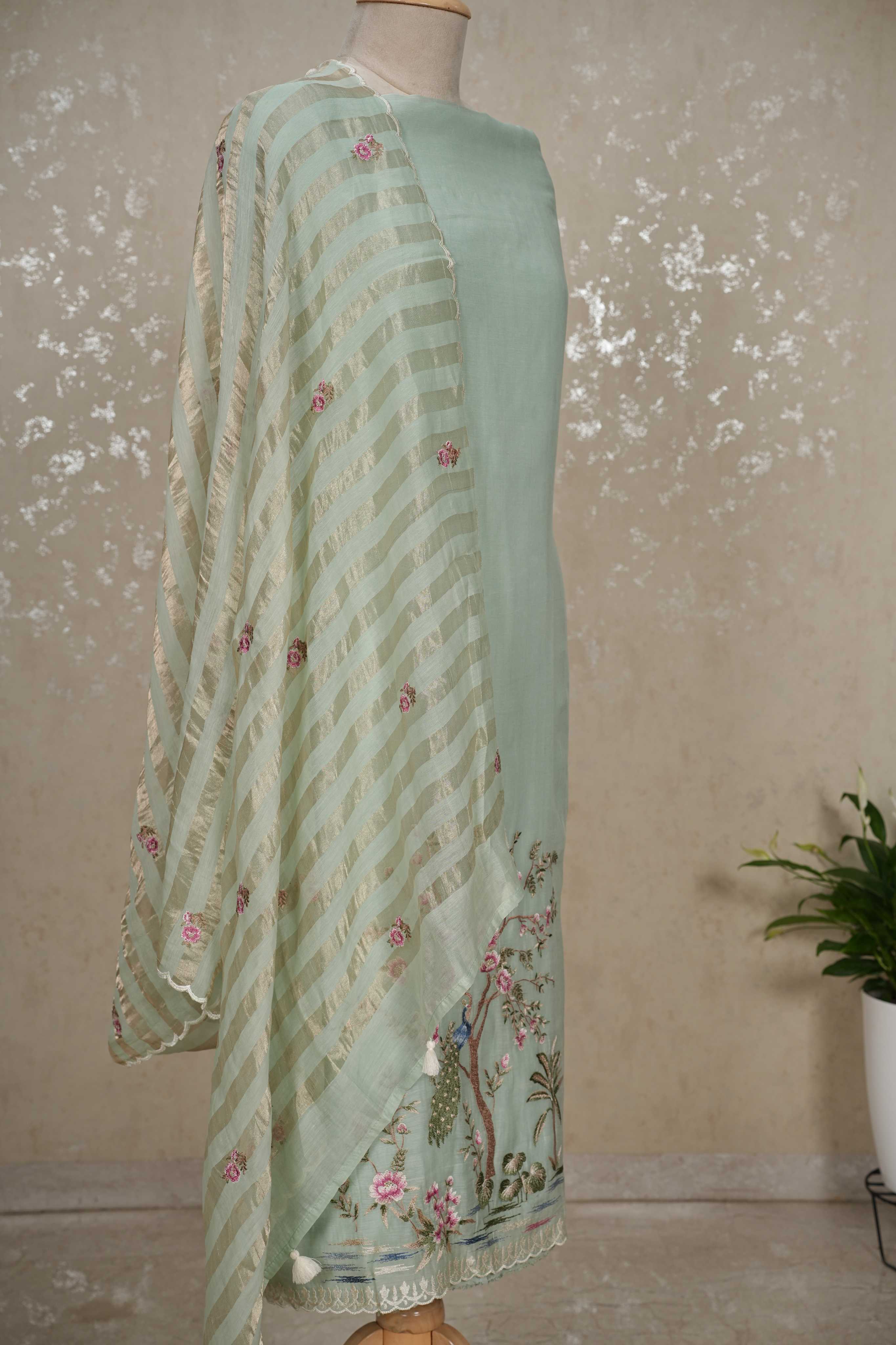 Peacock Motif Mul Chanderi Suit with Tissue Strip Dupatta