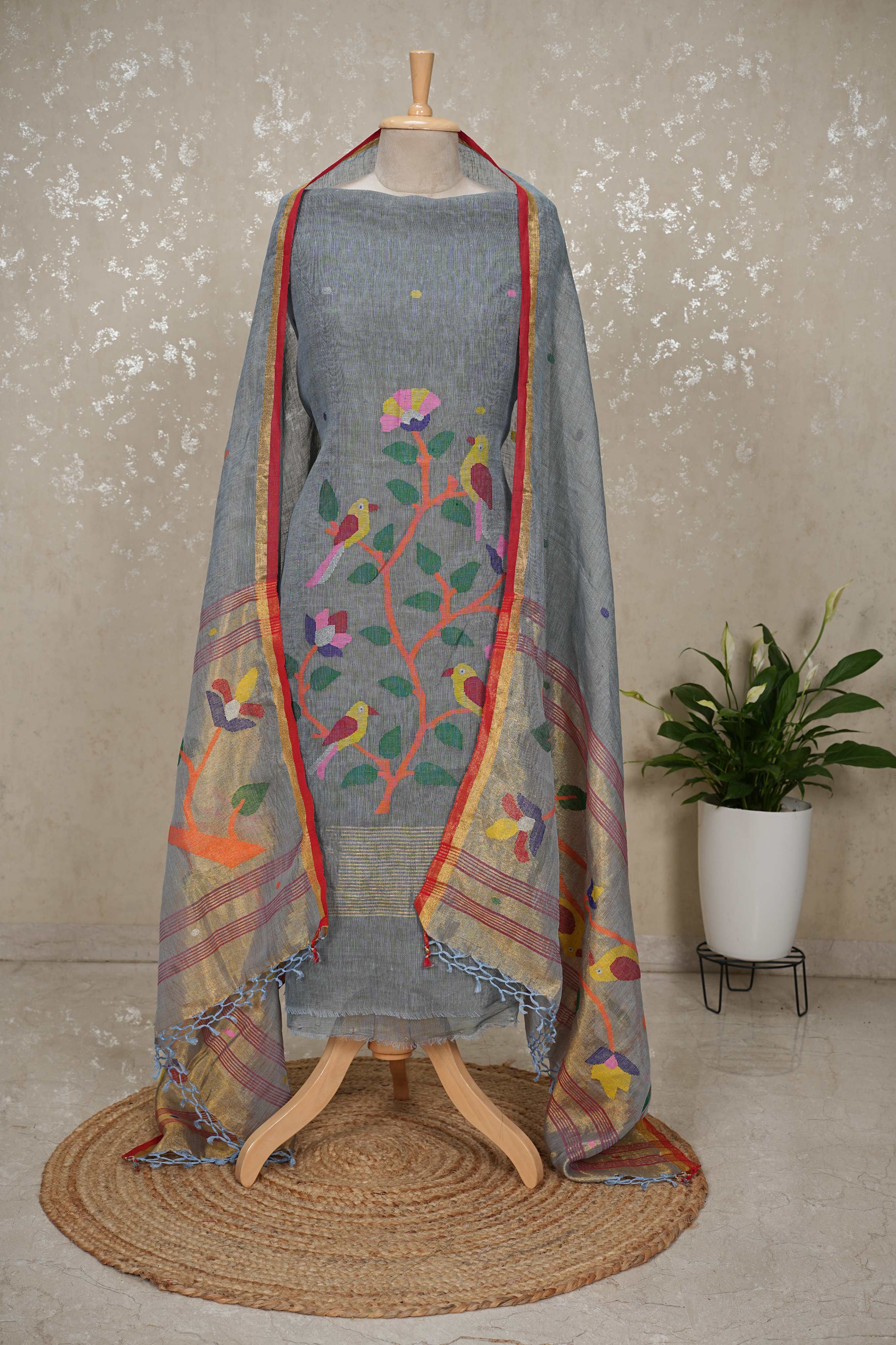 Paithani Jamdani Handloom 2-Piece Suit with Peacock Motif & Tassels