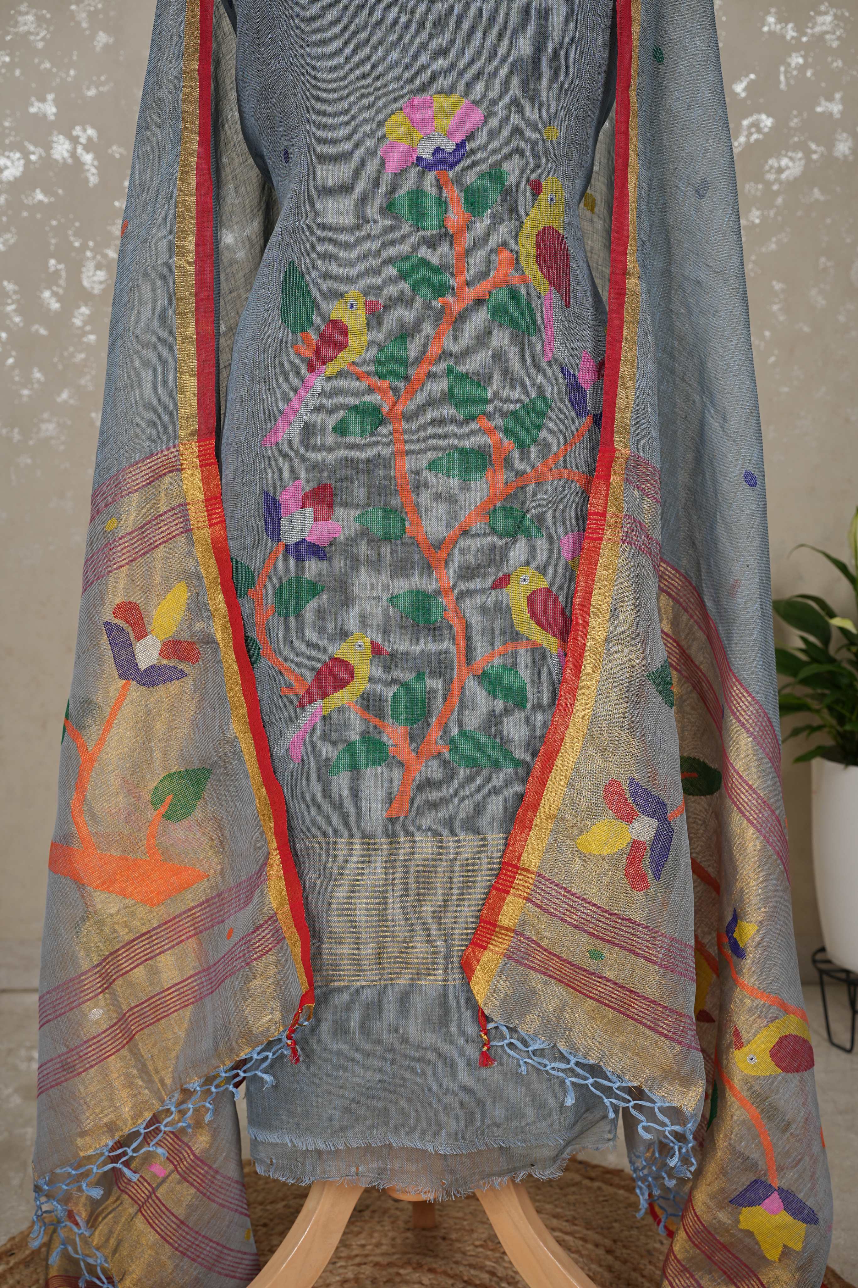 Paithani Jamdani Handloom 2-Piece Suit with Peacock Motif & Tassels