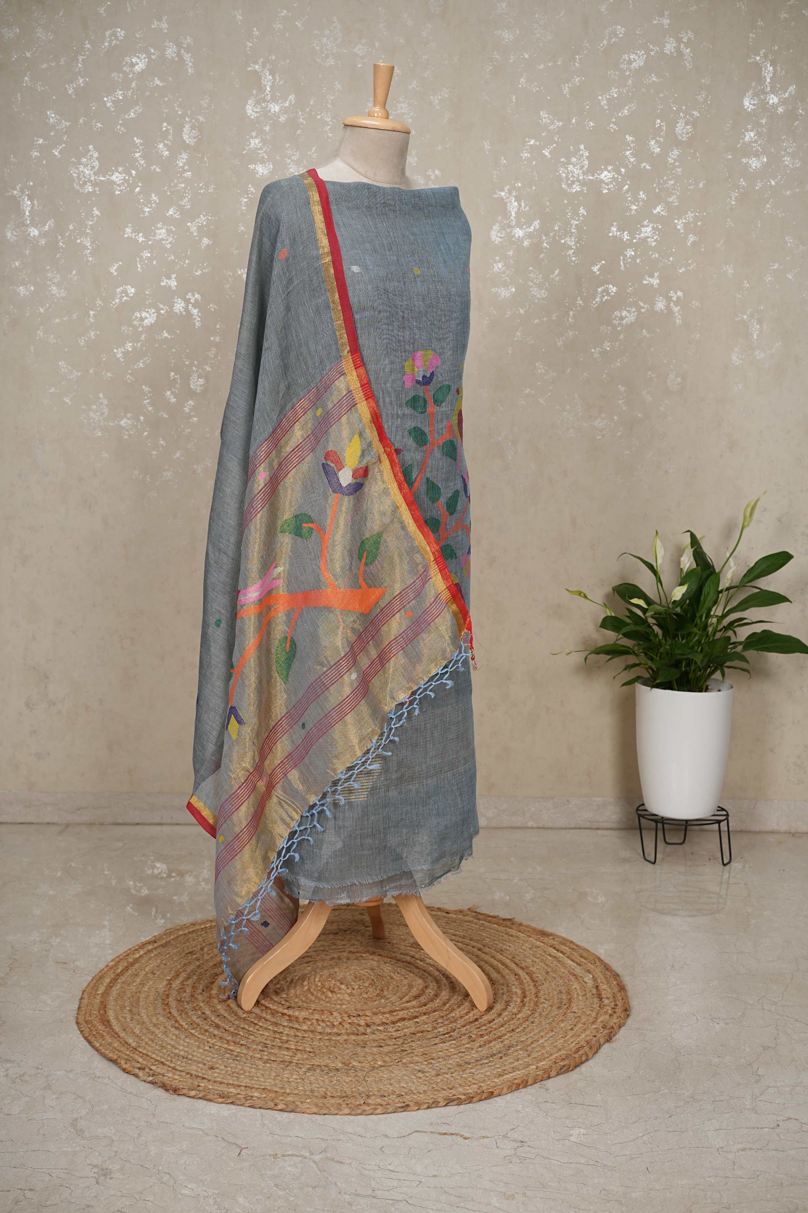 Paithani Jamdani Handloom 2-Piece Suit with Peacock Motif & Tassels
