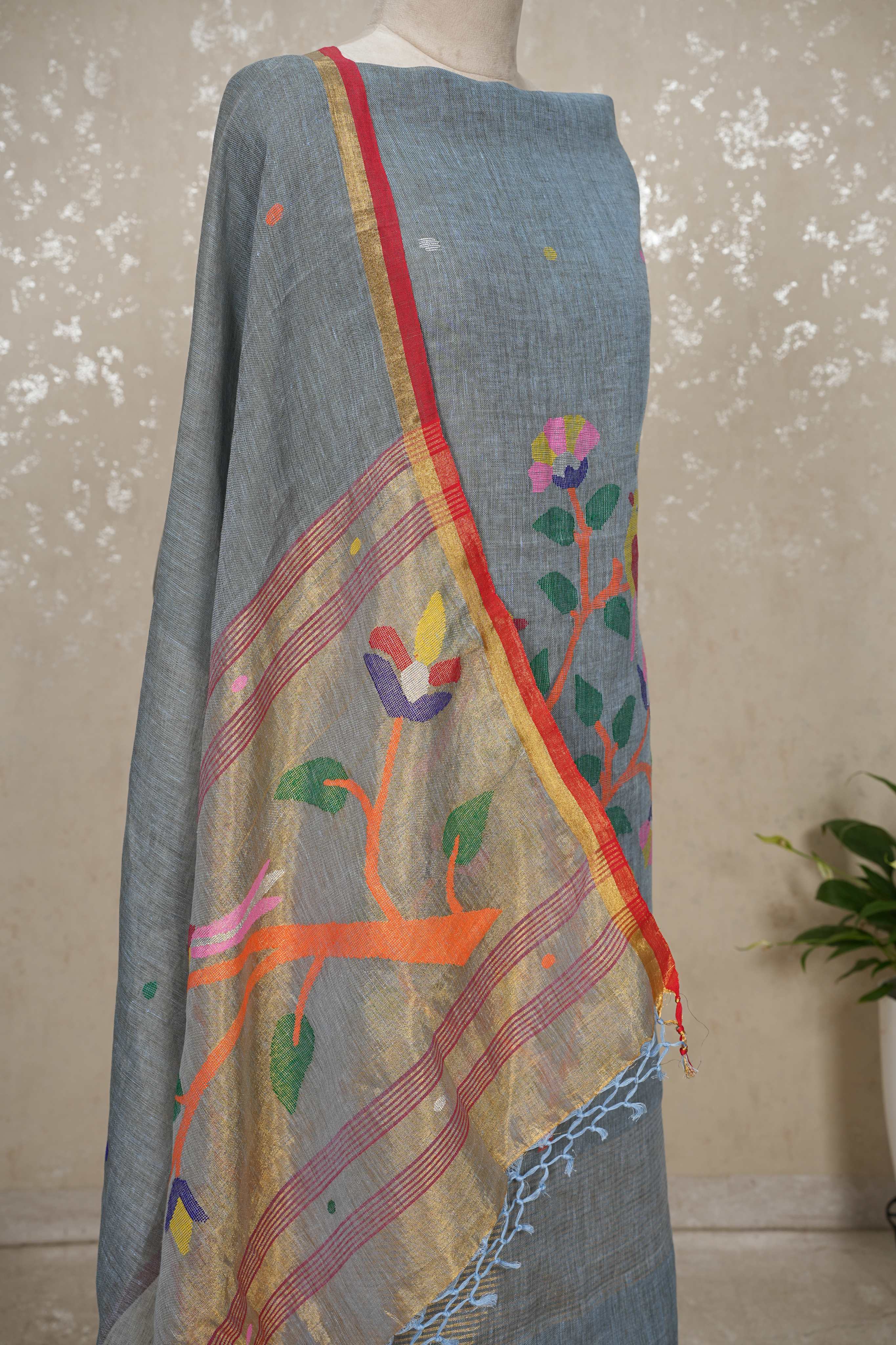 Paithani Jamdani Handloom 2-Piece Suit with Peacock Motif & Tassels