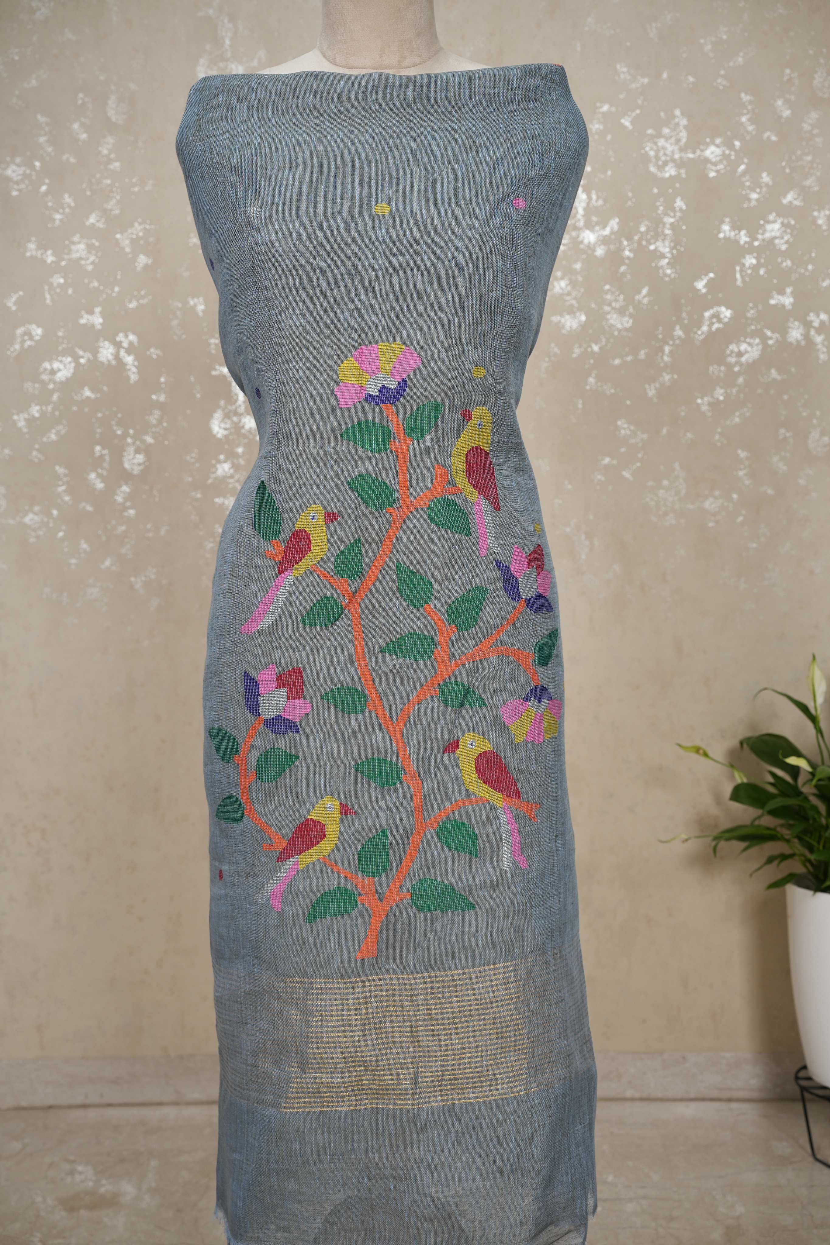 Paithani Jamdani Handloom 2-Piece Suit with Peacock Motif & Tassels