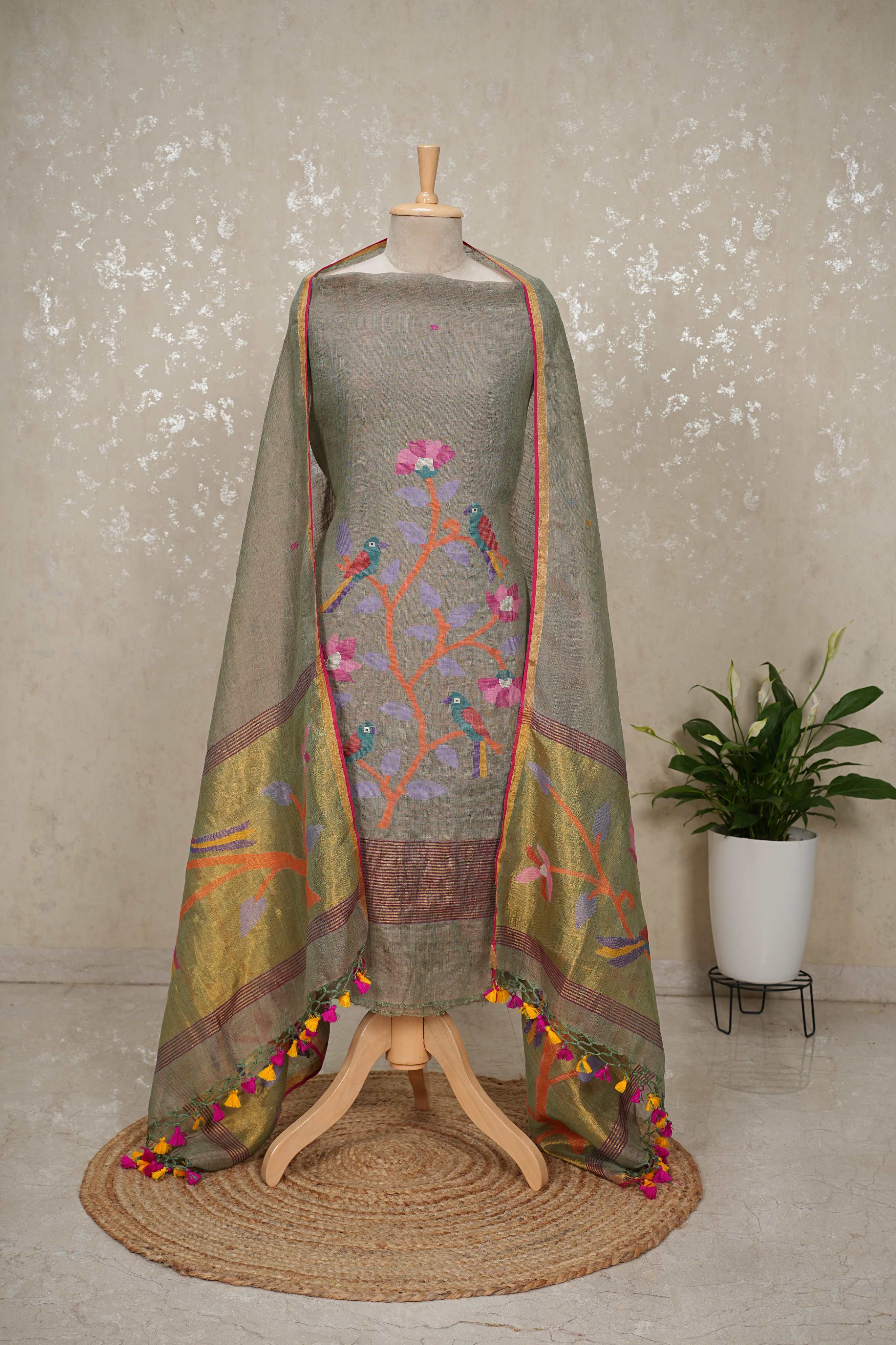 Paithani Jamdani Handloom 2-Piece Suit with Peacock Motif & Tassels