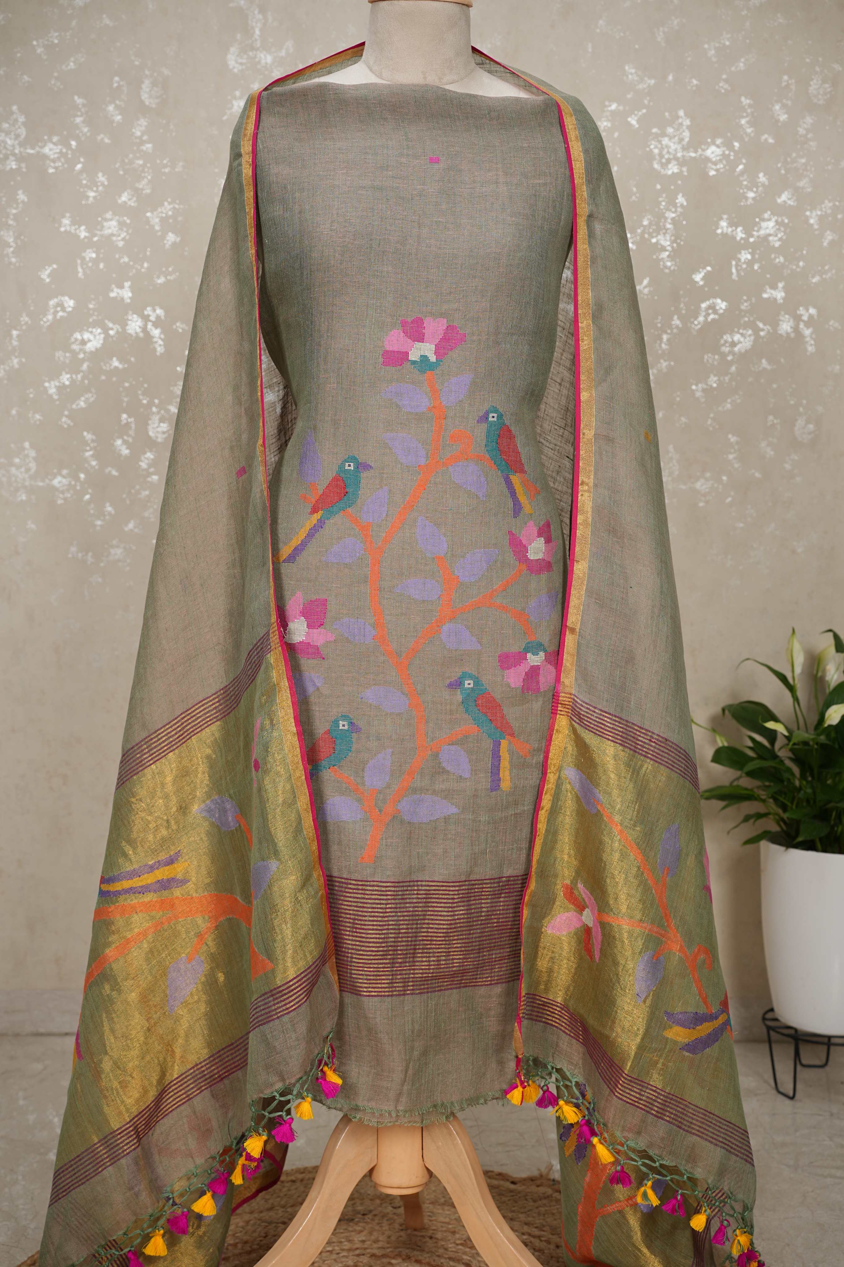 Paithani Jamdani Handloom 2-Piece Suit with Peacock Motif & Tassels