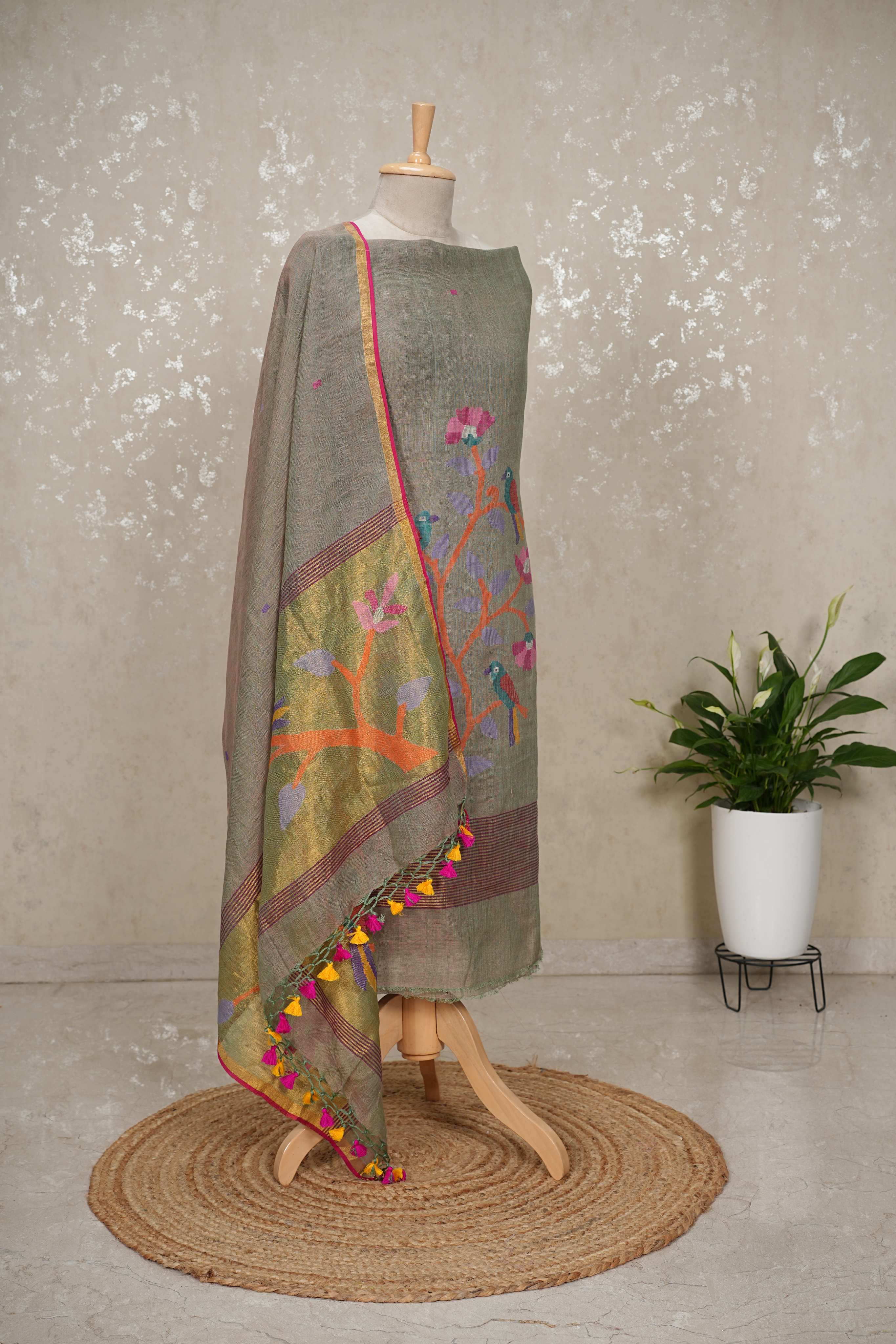 Paithani Jamdani Handloom 2-Piece Suit with Peacock Motif & Tassels