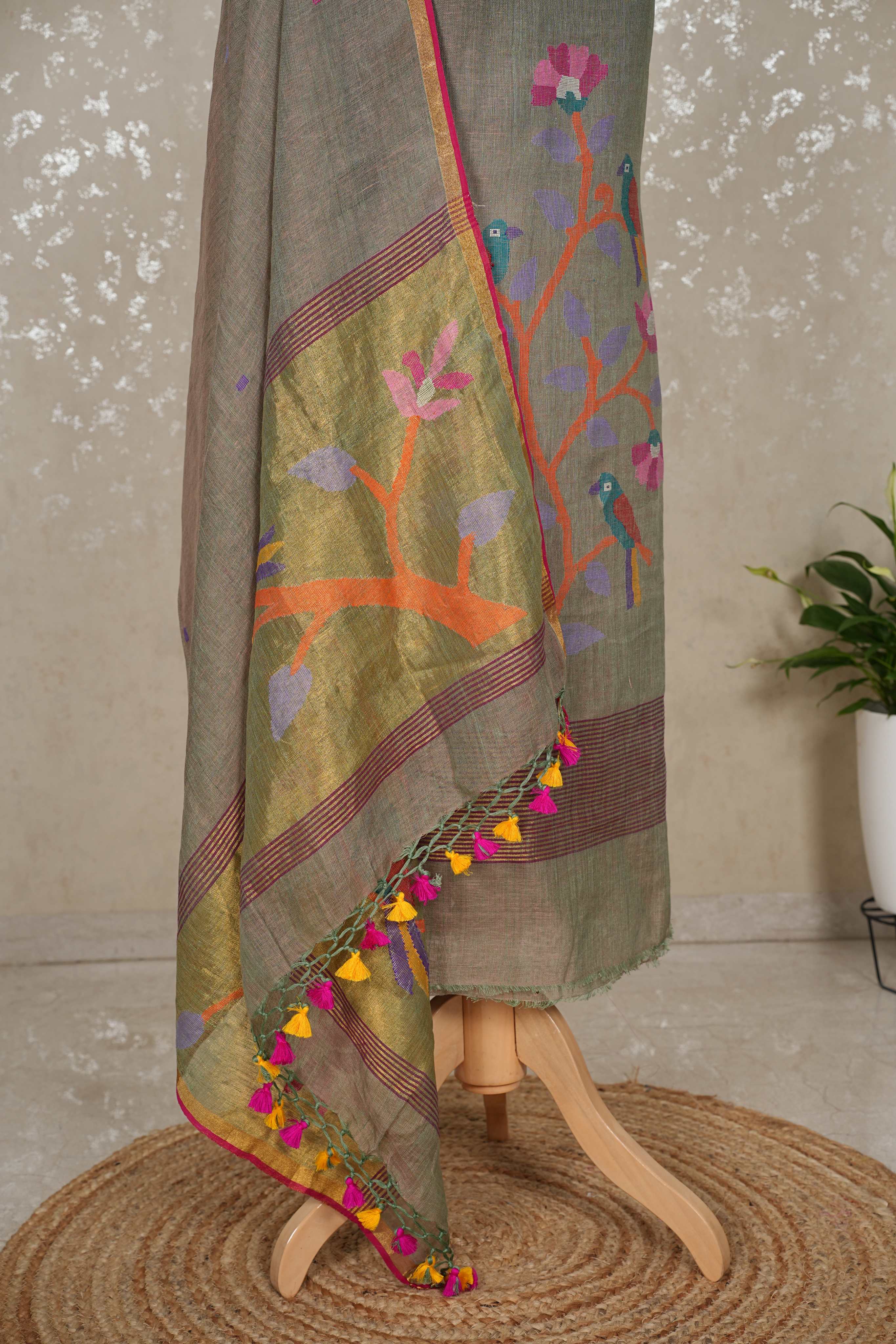 Paithani Jamdani Handloom 2-Piece Suit with Peacock Motif & Tassels