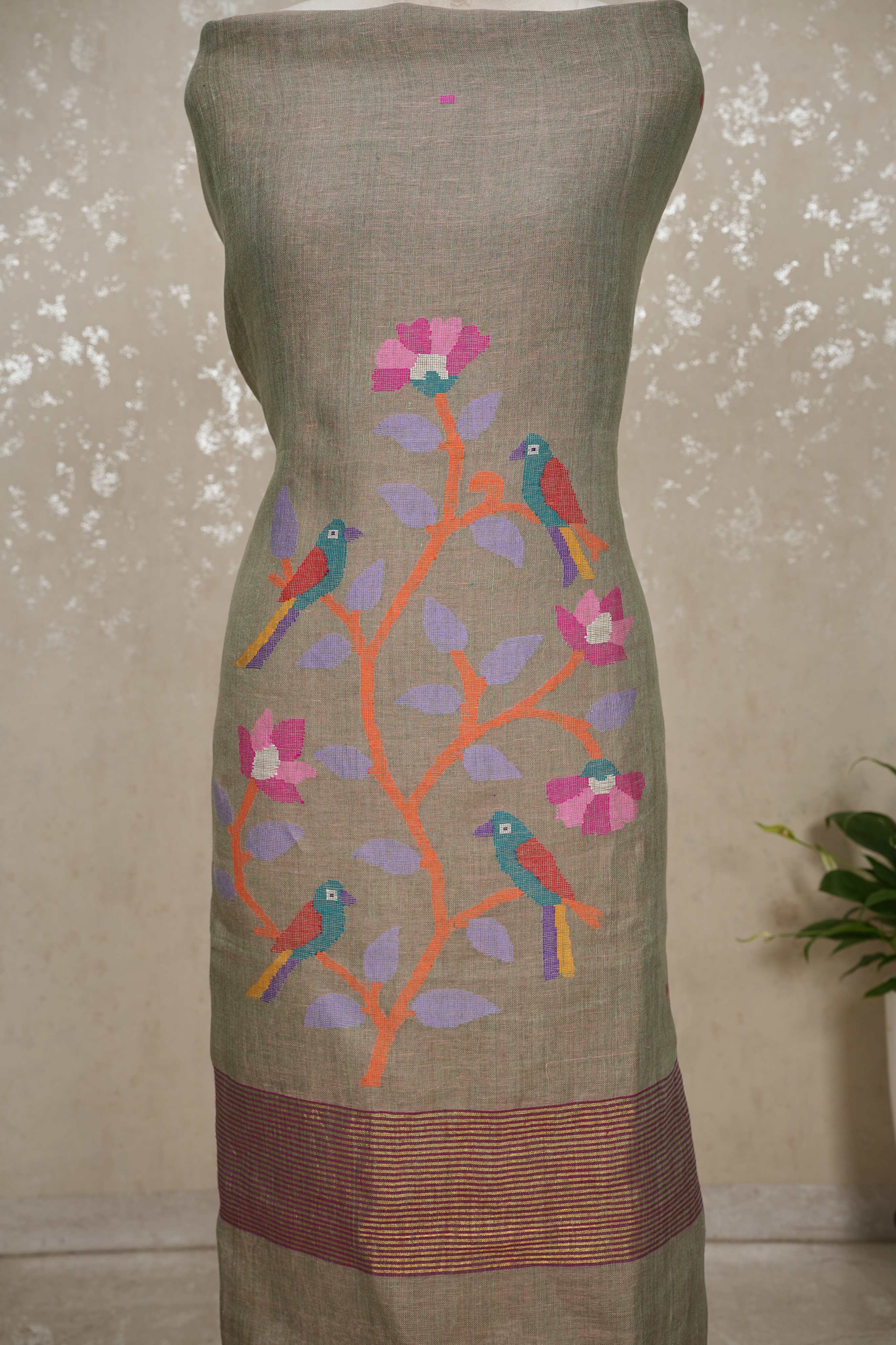 Paithani Jamdani Handloom 2-Piece Suit with Peacock Motif & Tassels