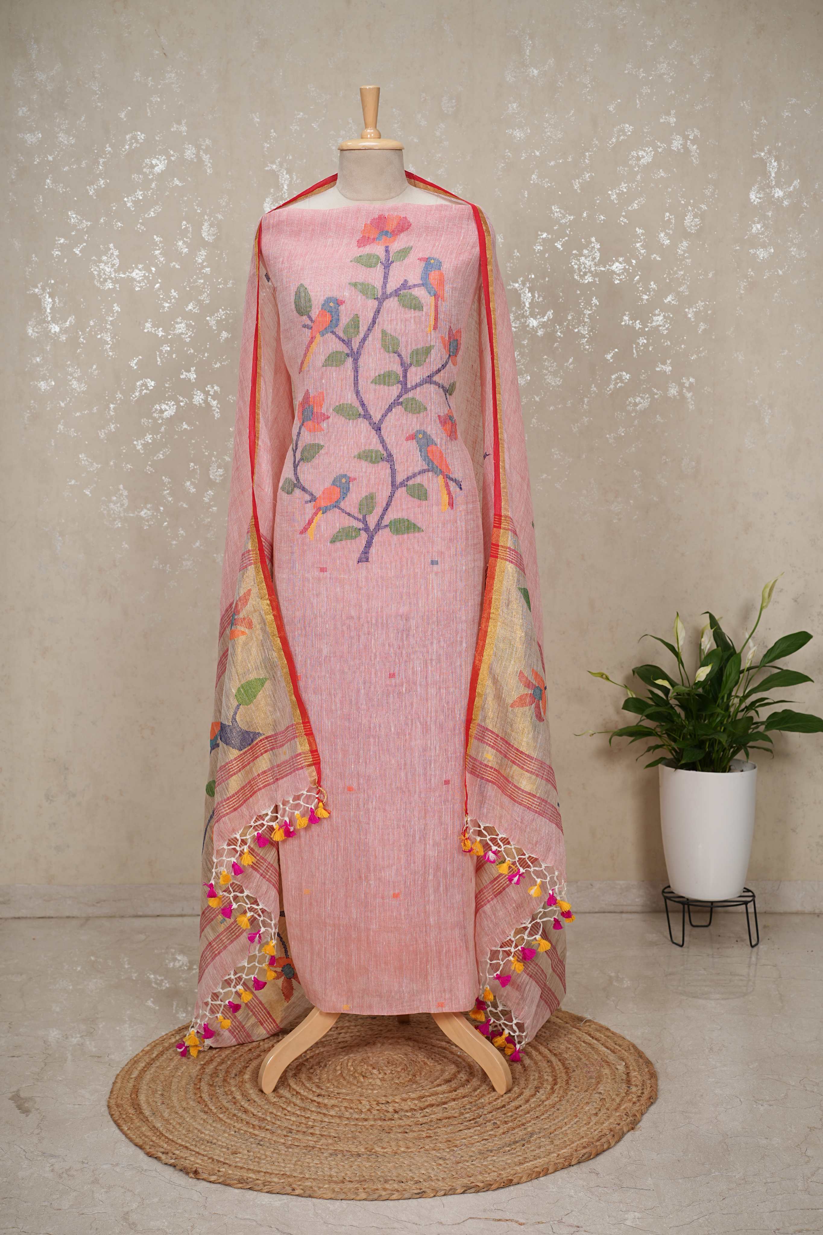Paithani Jamdani Handloom 2-Piece Suit with Peacock Motif & Tassels