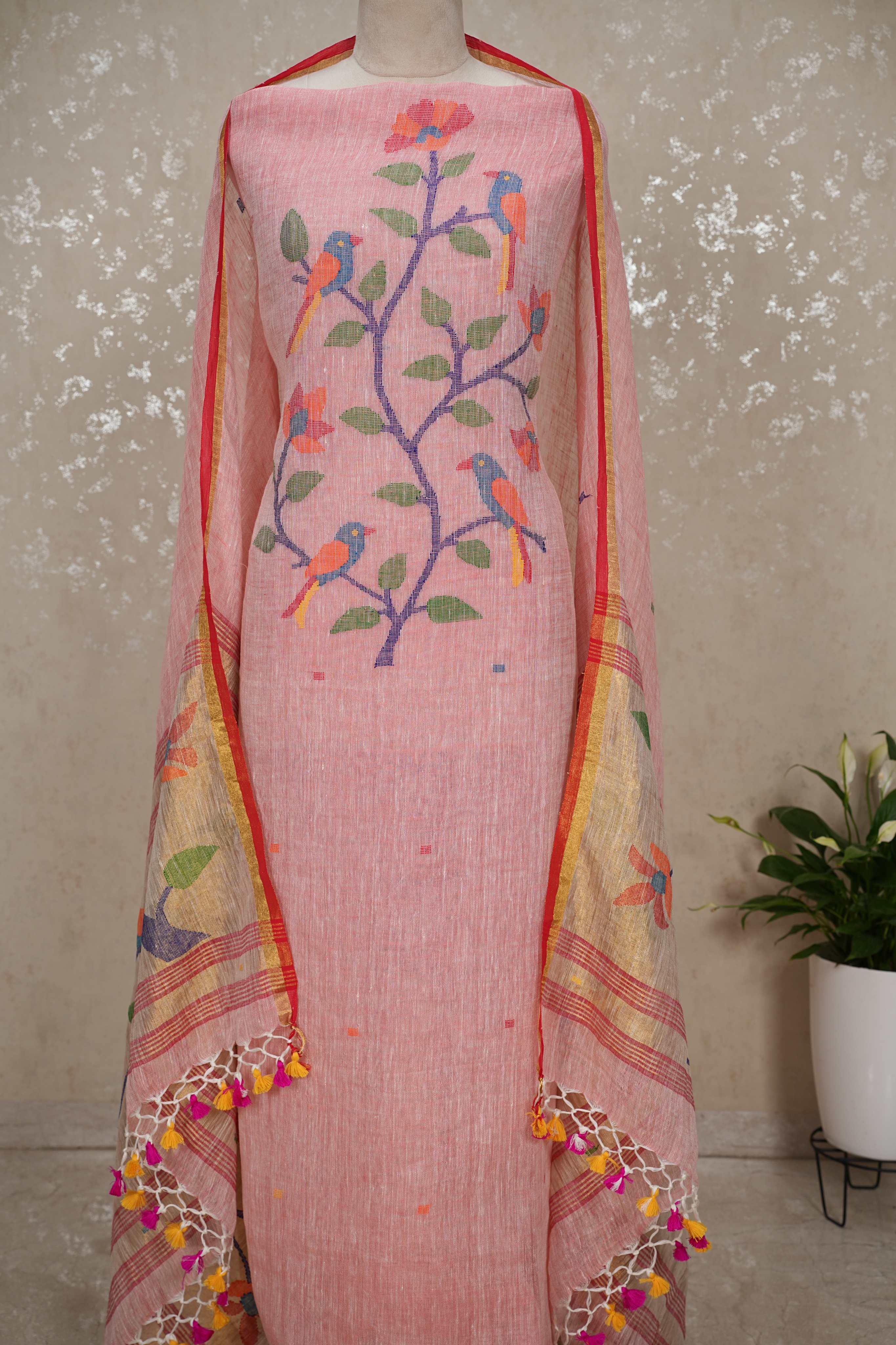 Paithani Jamdani Handloom 2-Piece Suit with Peacock Motif & Tassels