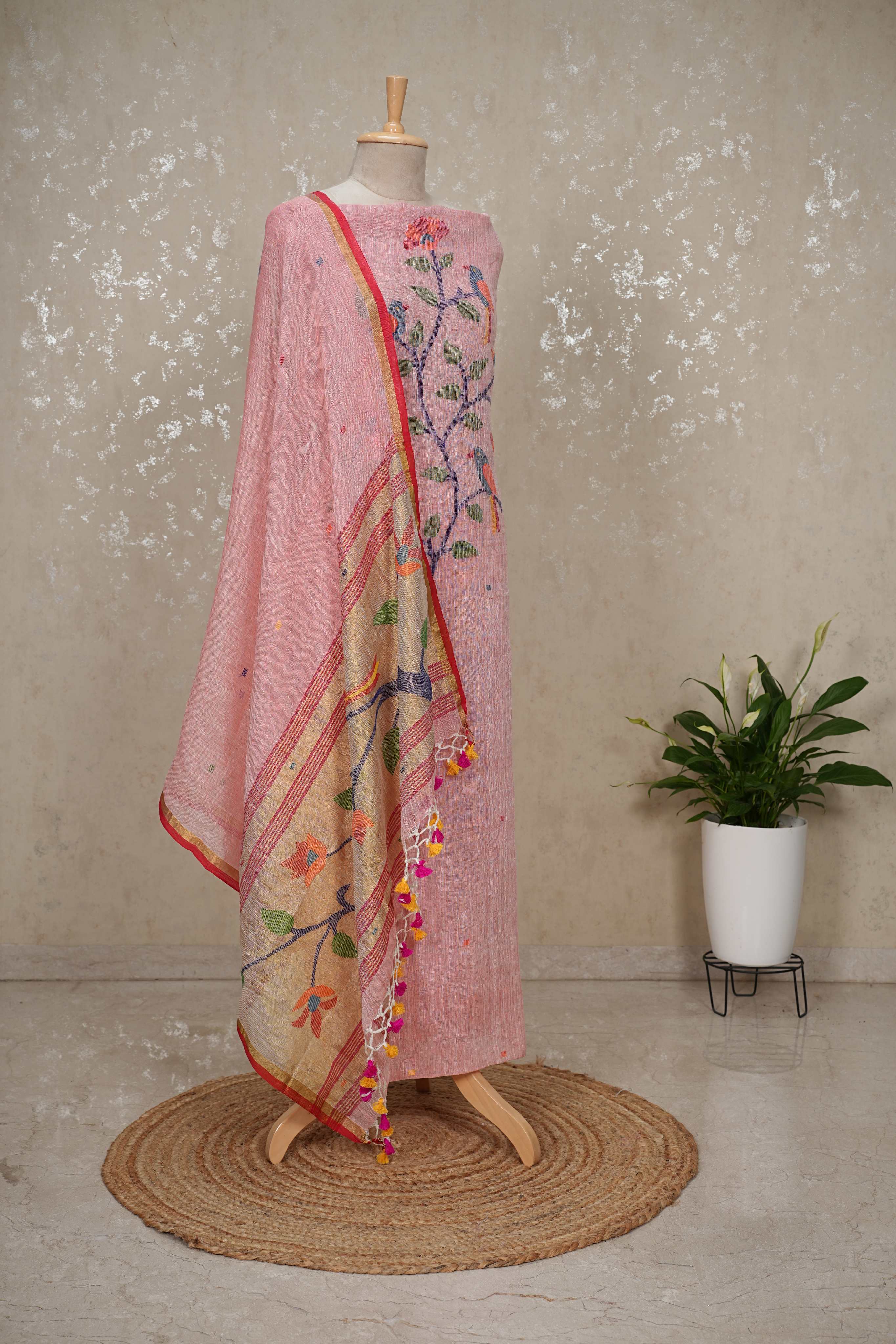 Paithani Jamdani Handloom 2-Piece Suit with Peacock Motif & Tassels