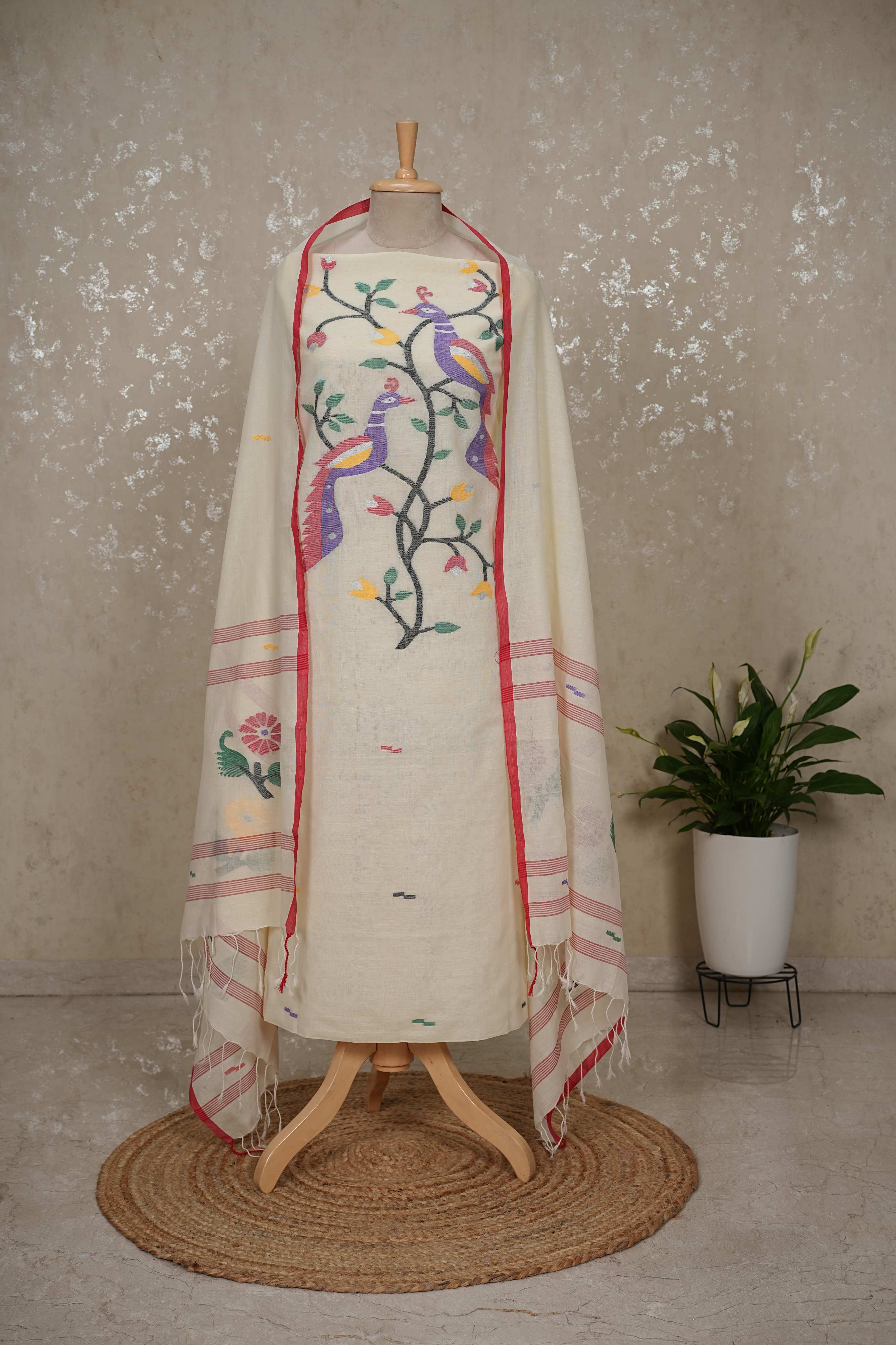 Peacock Motif mul cotton Jamdani Handloom 2-Piece Set