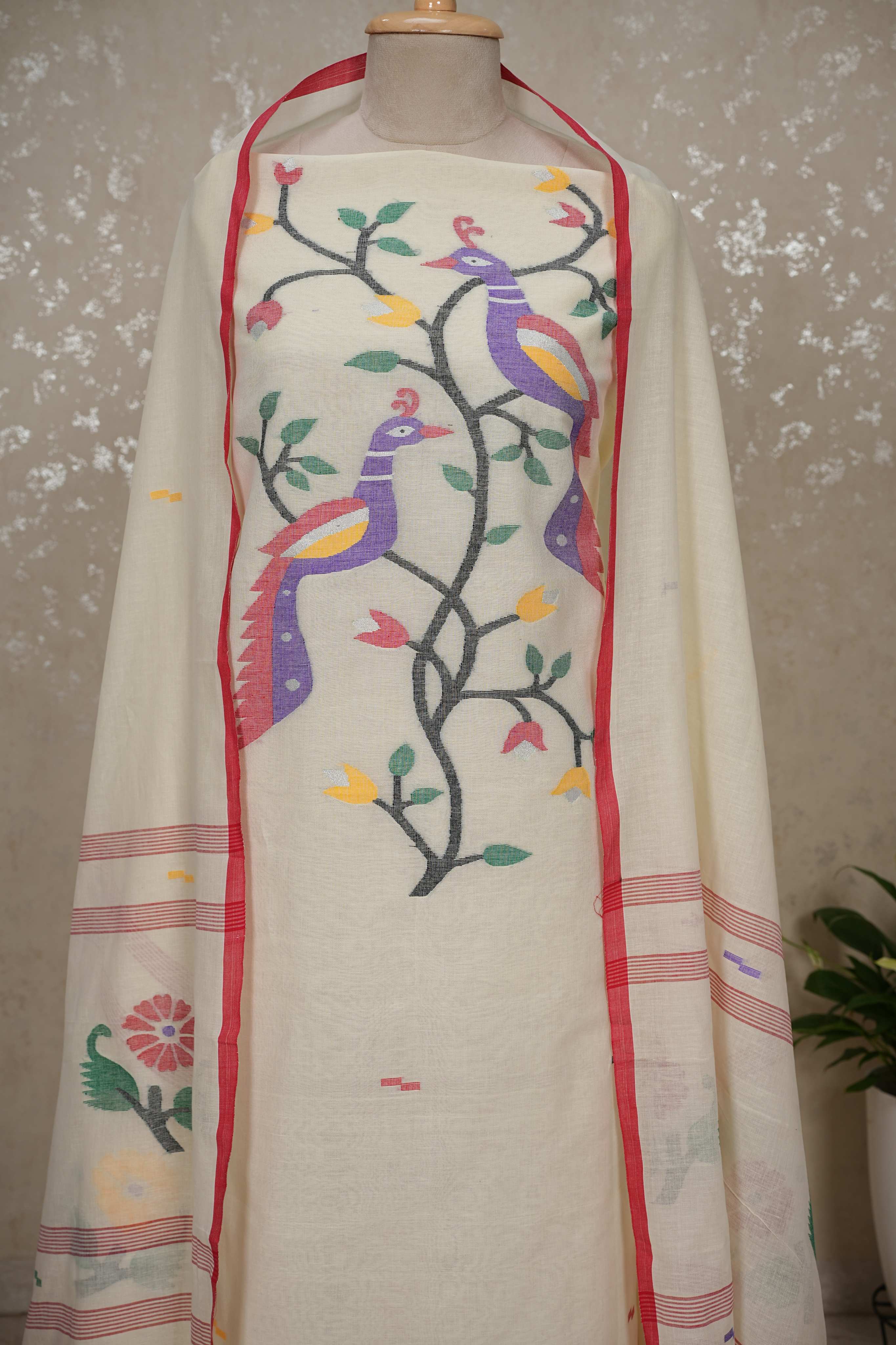 Peacock Motif mul cotton Jamdani Handloom 2-Piece Set