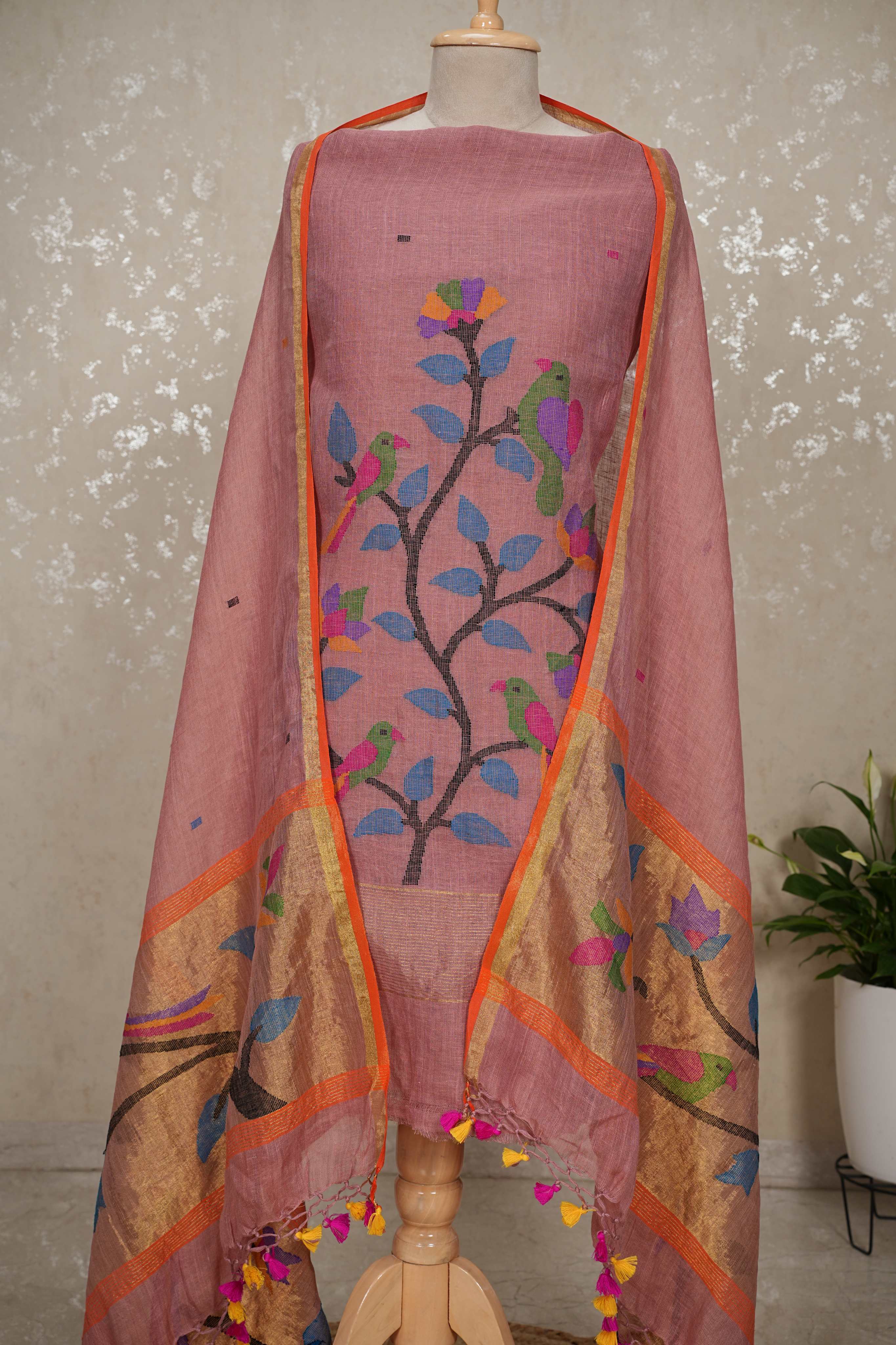 Paithani Jamdani Handloom 2-Piece Suit with Peacock Motif & Tassels